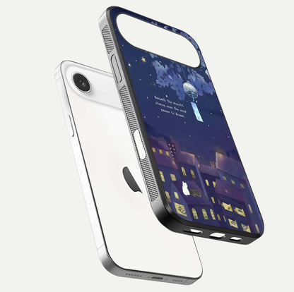 Moonlit Cat Silence Glass Case for iPhone Air  floating dual-view mockup showing gloss reflection and moon art