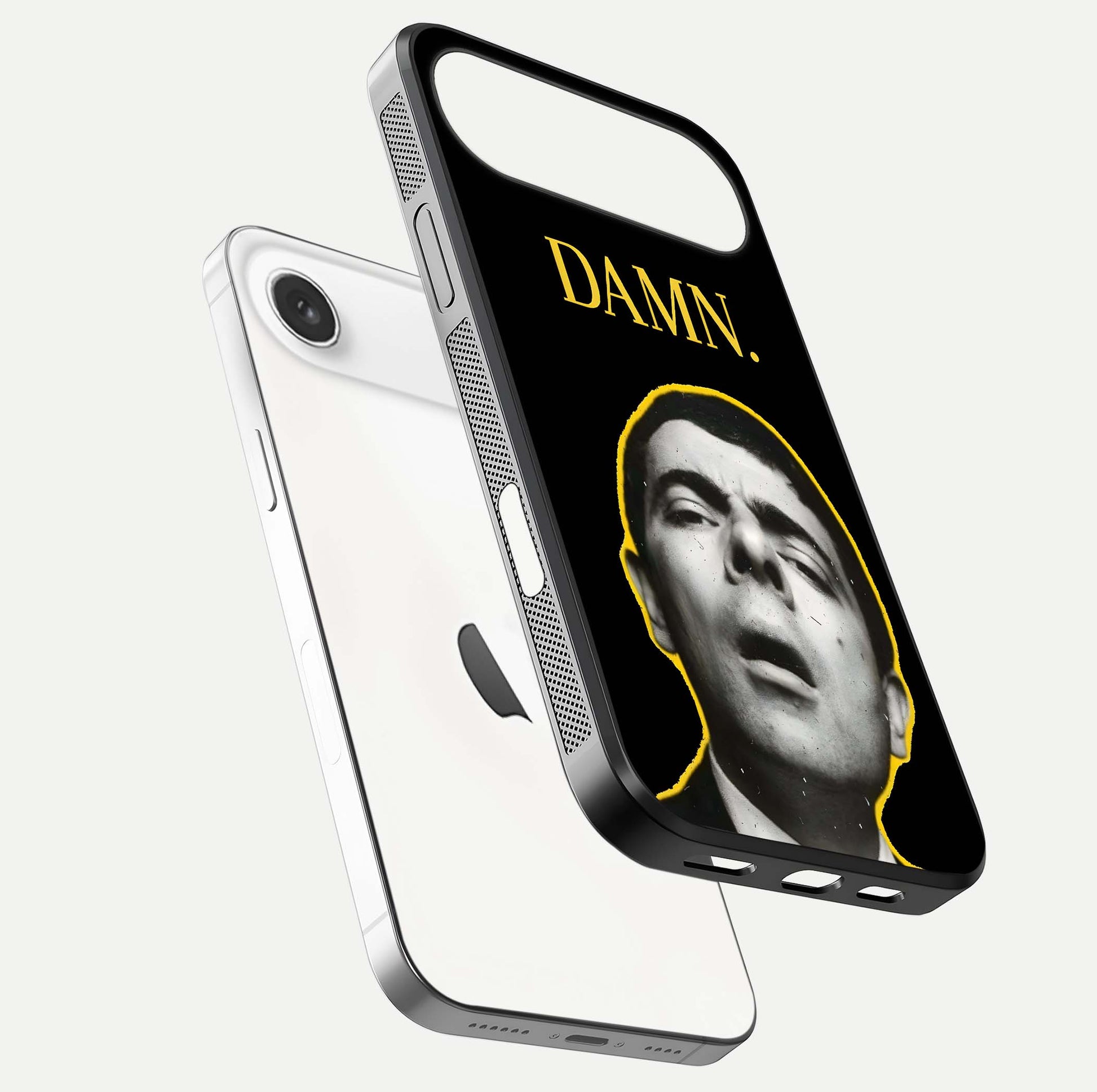 Mr Bean Damn Glass Case for iPhone Air  floating dual-view mockup showing reflective gloss and vivid tones