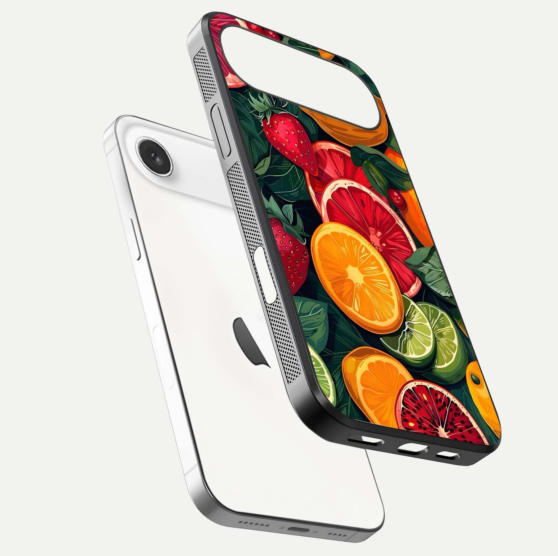 Multiple Fruits Glass Case for iPhone Air  floating dual-view mockup showing reflection depth and freshness