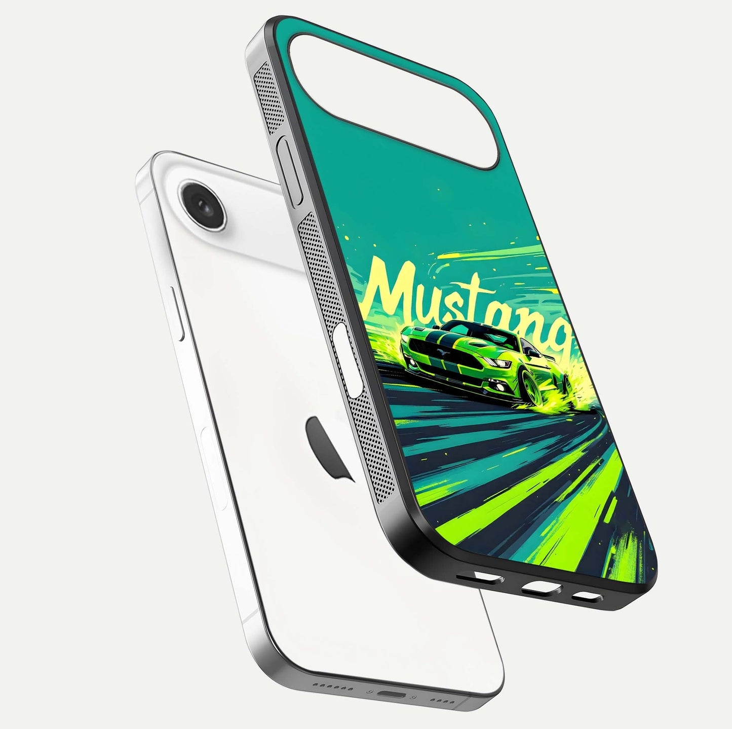 Mustang Bang Glass Case for iPhone Air  floating dual-view mockup showing gloss depth and power design