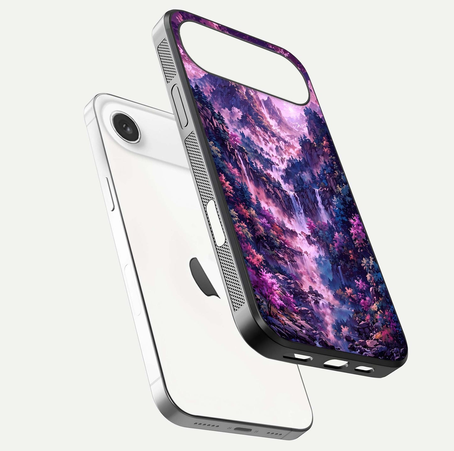 Mystic Cascade Peaks Glass Case for iPhone Air  floating dual-view mockup showing gloss texture and depth