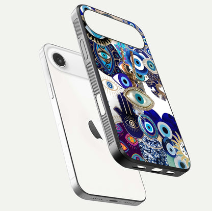 Mystic Charm Eye Glass Case for iPhone Air  floating dual-view mockup showing gloss glow and charm symbol
