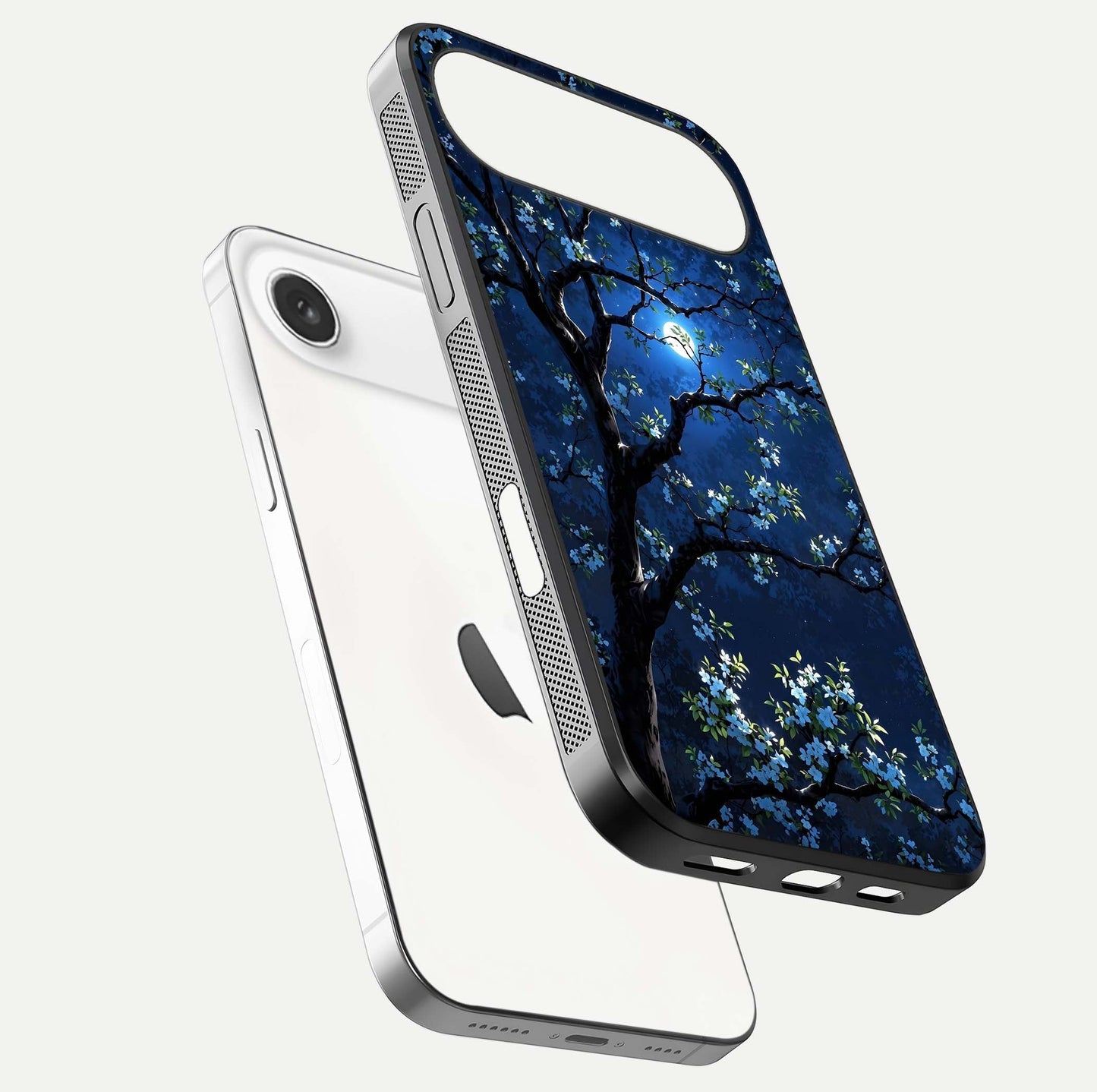 Mystic Floral Night Glass Case for iPhone Air  floating dual-view mockup displaying shine and rich color depth
