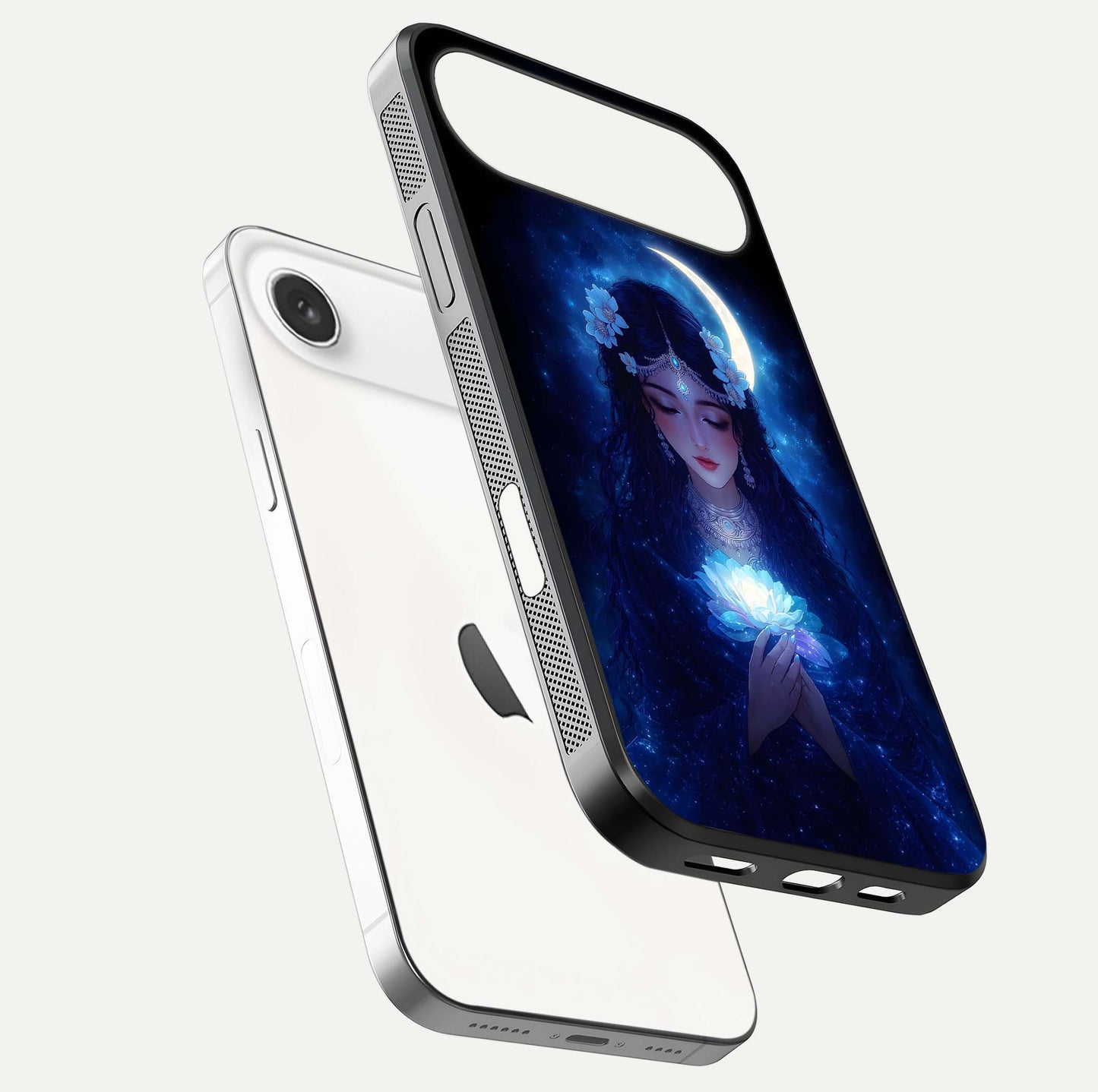 Mystic Moon Queen Glass Case for iPhone Air  floating dual-view mockup showing HD gloss and cosmic glow
