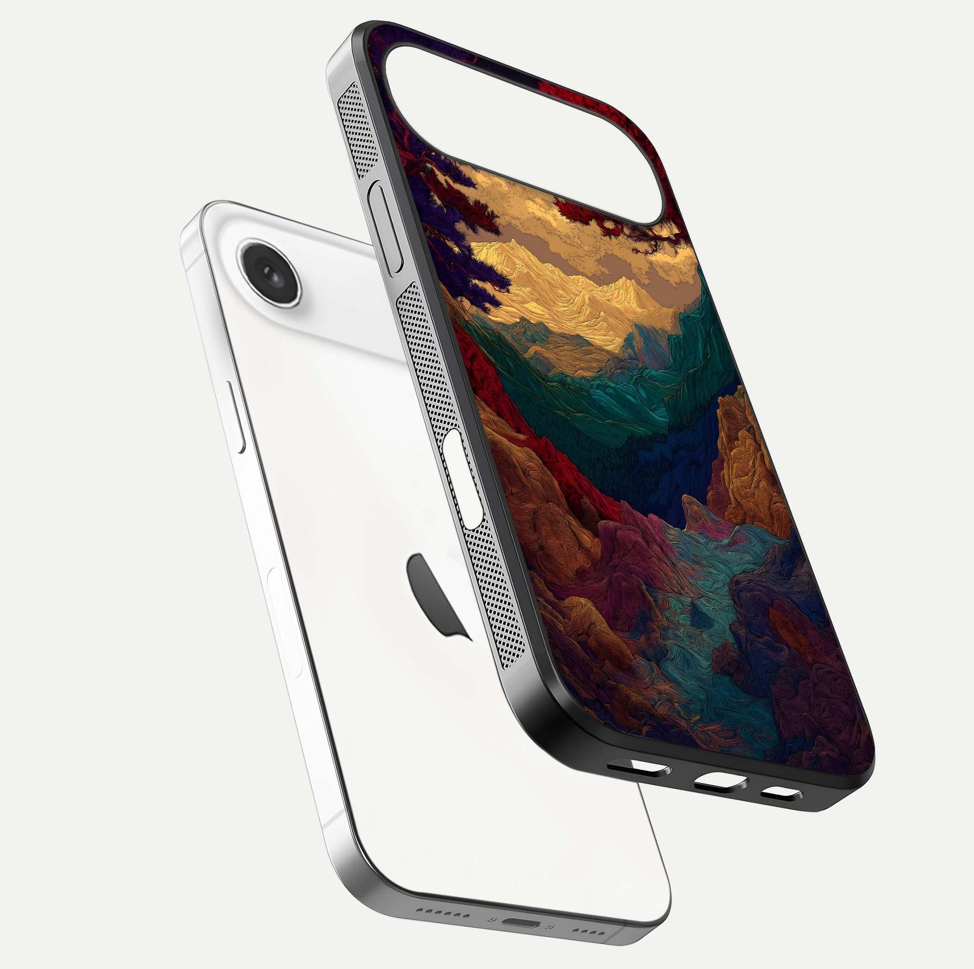Mystic Valley Light Glass Case for iPhone Air  floating dual-view mockup showing HD gloss and light blend