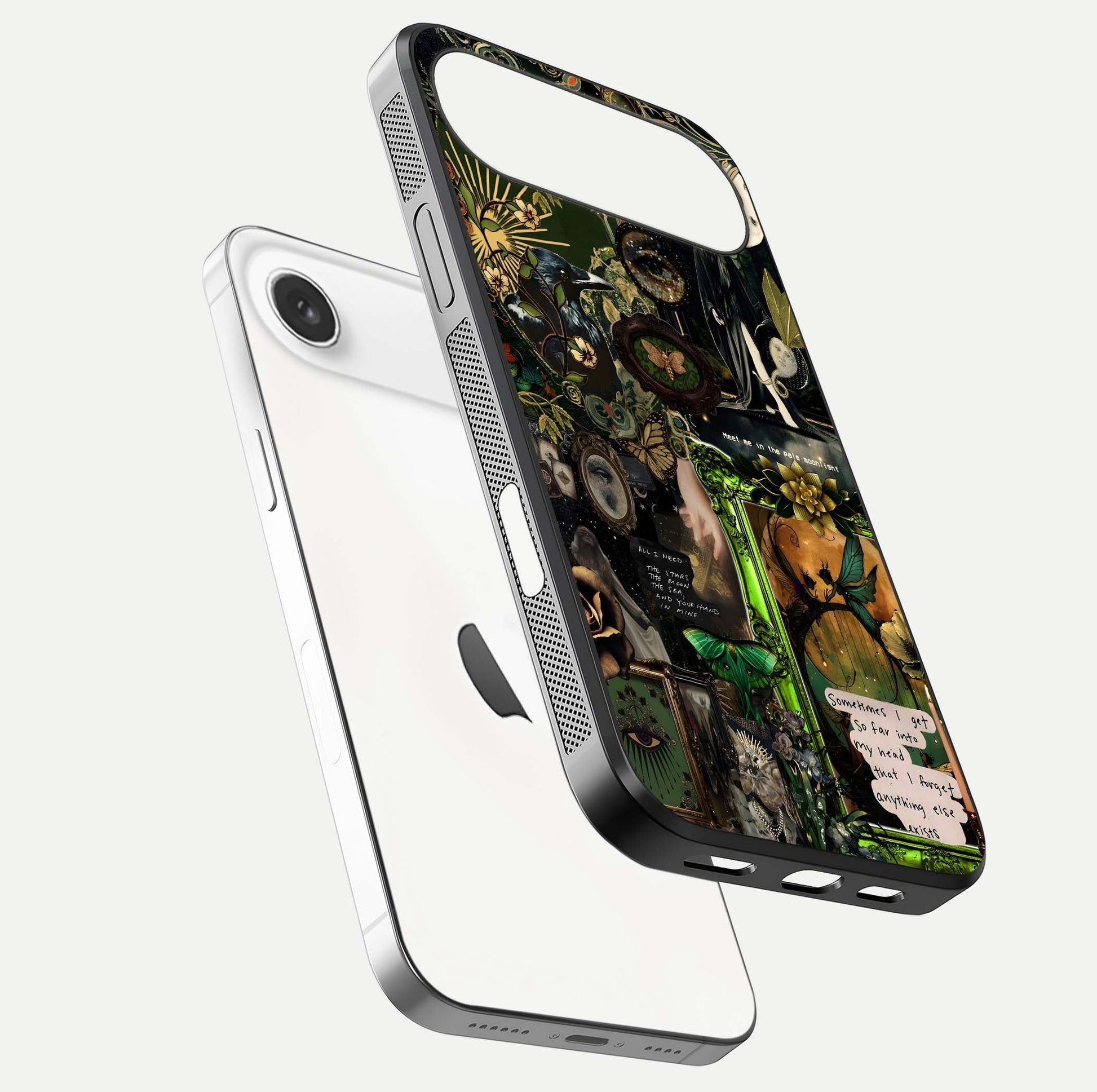Mystic Woods Secret Glass Case for iPhone Air  floating dual-view mockup showing HD shine and depth