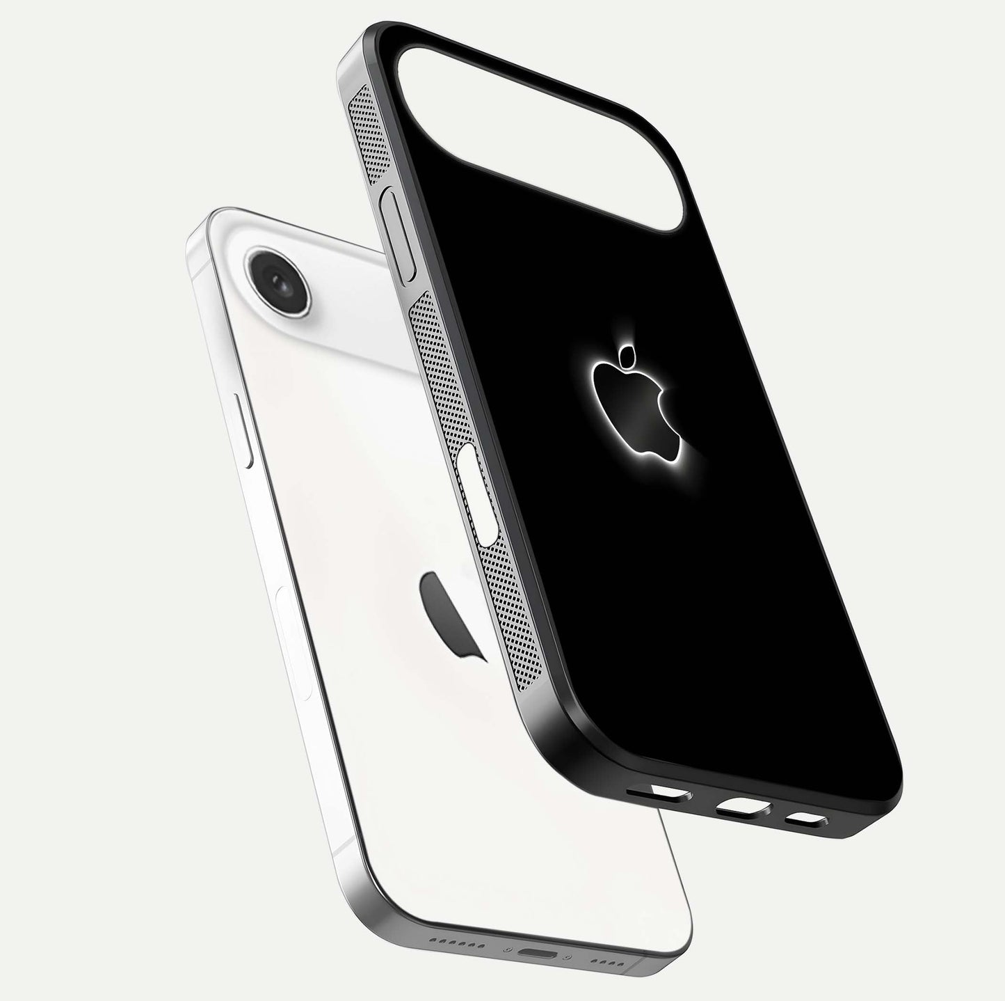 Neon Apple Glow Glass Case for iPhone Air  floating dual-view mockup showing HD shine and modern look