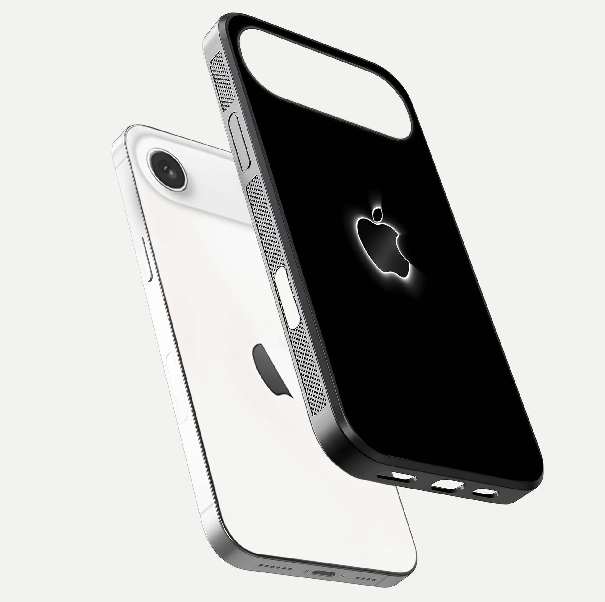 Neon Apple Glow Glass Case for iPhone Air  floating dual-view mockup showing HD shine and modern look