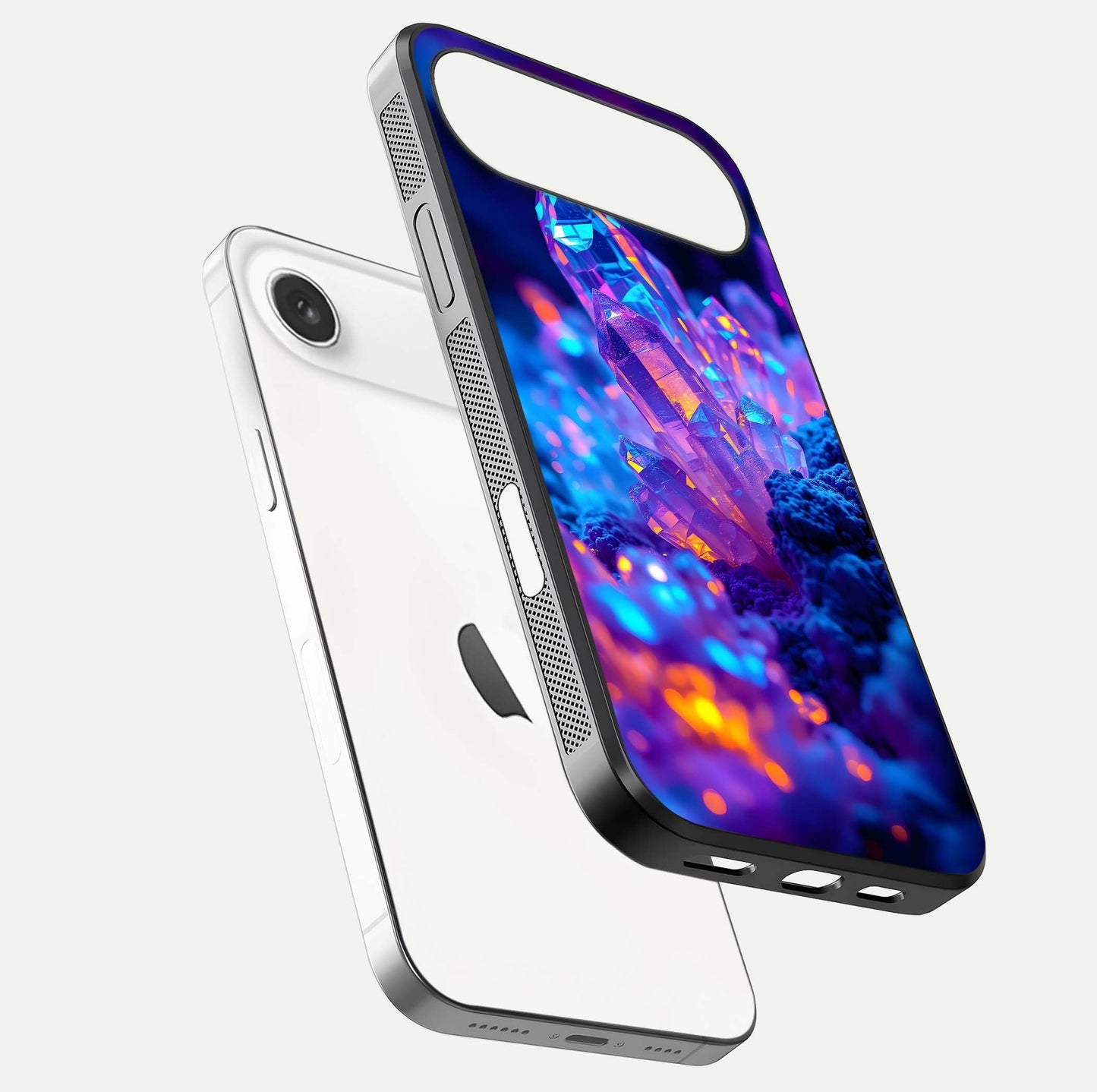 Neon Aura Shards Glass Case for iPhone Air  floating dual-view mockup showing HD shine and shard texture