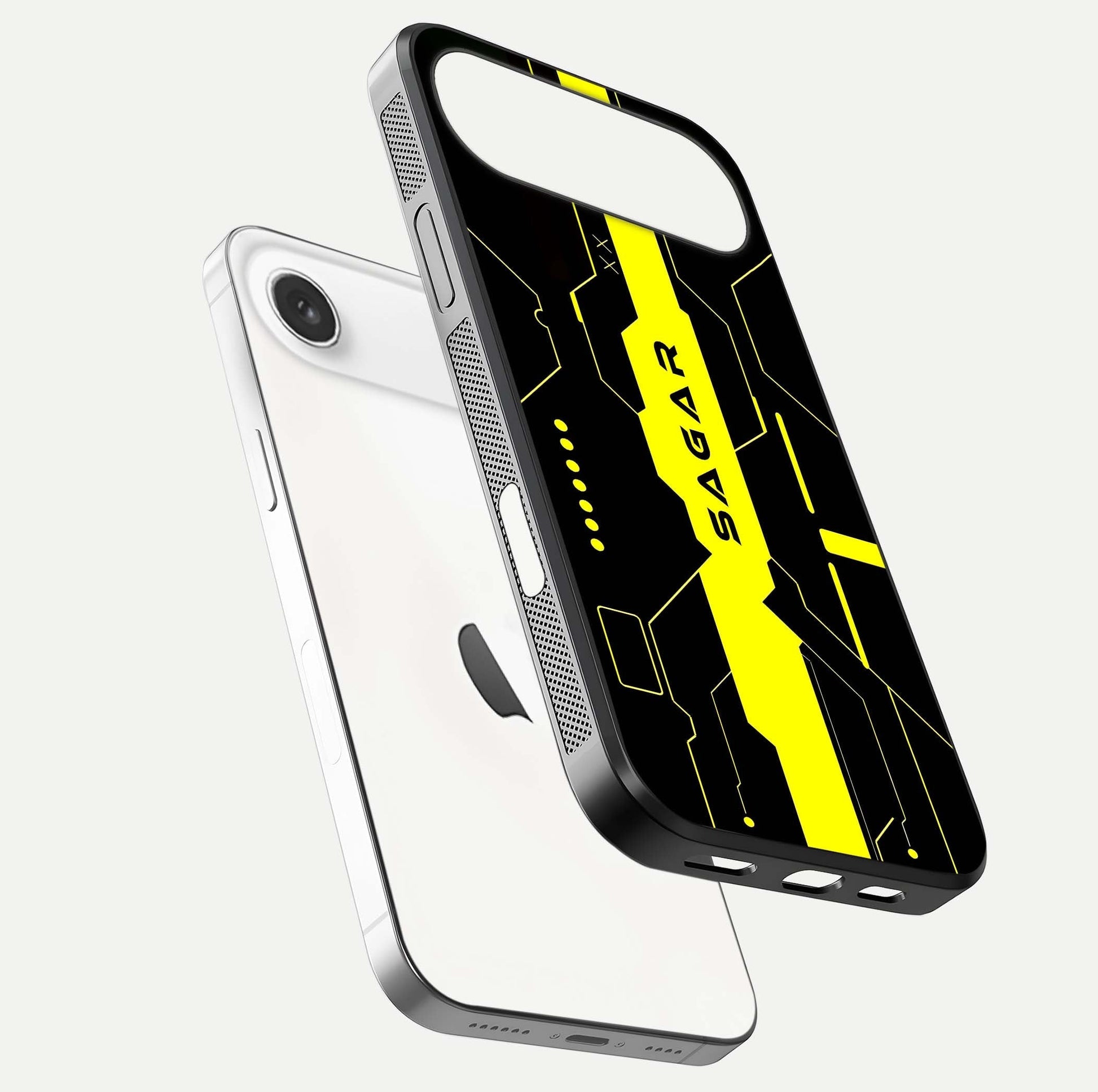 Neon CYBERPUNK Custom Name Glass Case for iPhone Air  floating dual-view mockup showing HD shine and neon lines