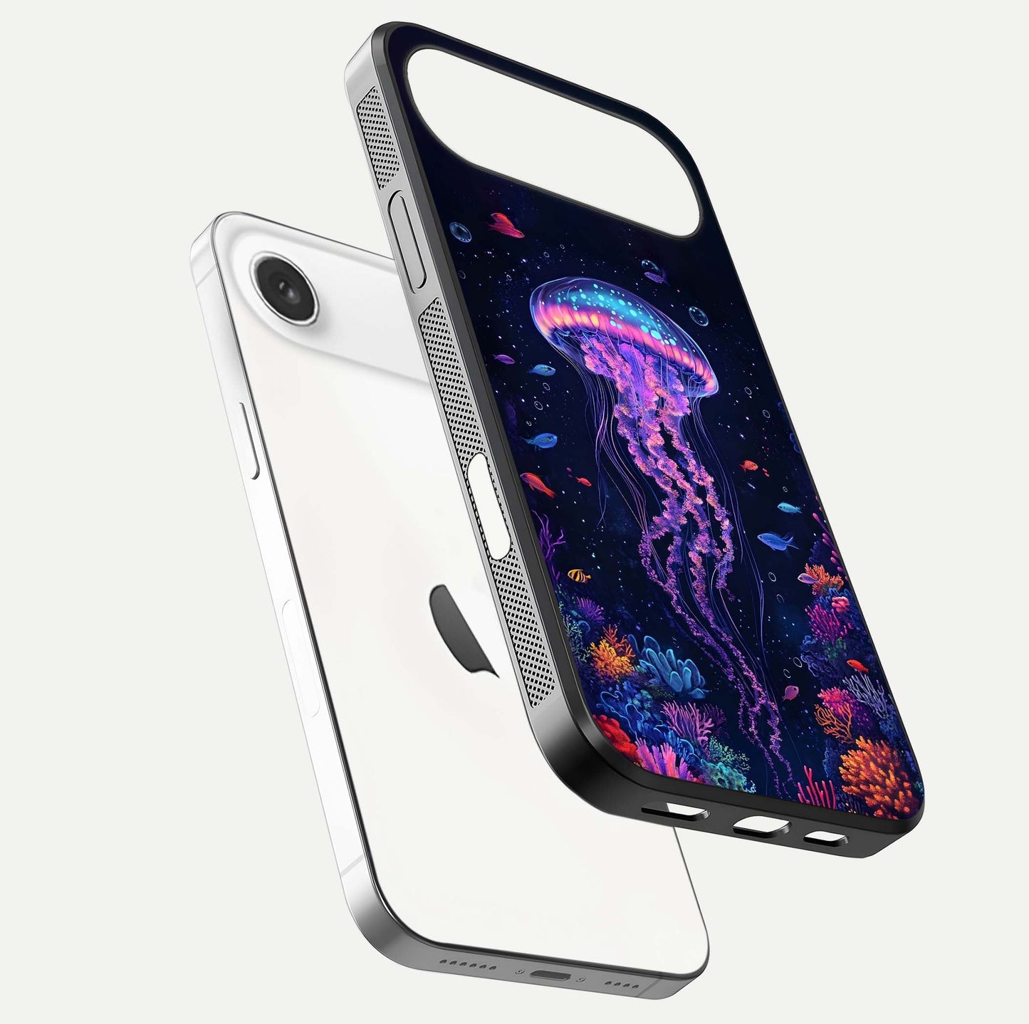 Neon Jellyfish Glass Case for iPhone Air  floating dual-view mockup showing gloss texture and underwater glow