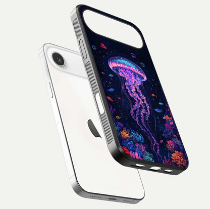 Neon Jellyfish Glass Case for iPhone Air  floating dual-view mockup showing gloss texture and underwater glow