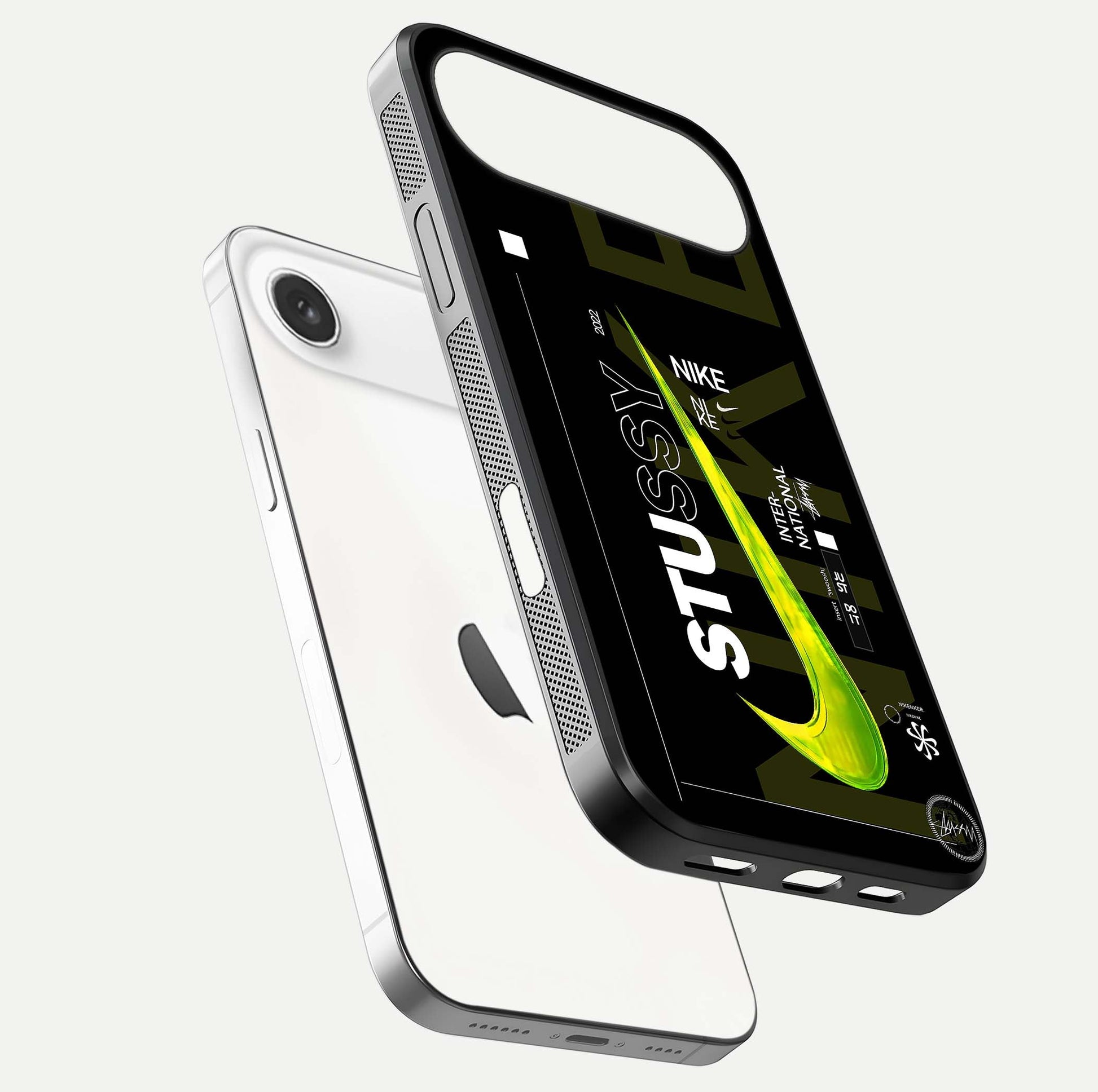 Neon Street Edition Glass Case for iPhone Air  floating dual-view mockup showing HD gloss and neon glow
