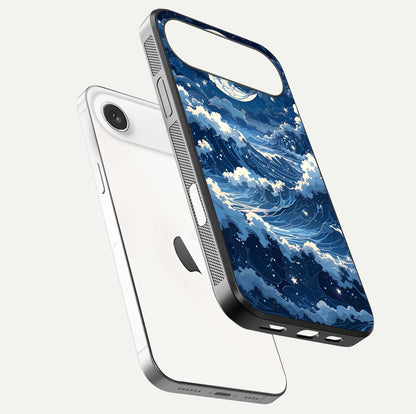 Ocean Moon Waves Glass Case for iPhone Air  floating dual-view mockup showing gloss texture and moon glow