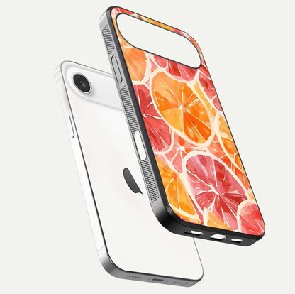 Orange Fruits Pattern Glass Case for iPhone Air  floating dual-view mockup showing gloss reflection and HD tone