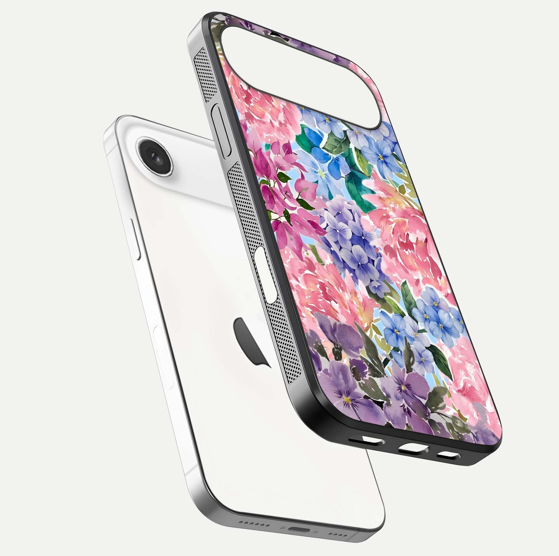 Pastel Floral Mix Glass Case for iPhone Air  floating dual-view mockup showing HD gloss and floral texture