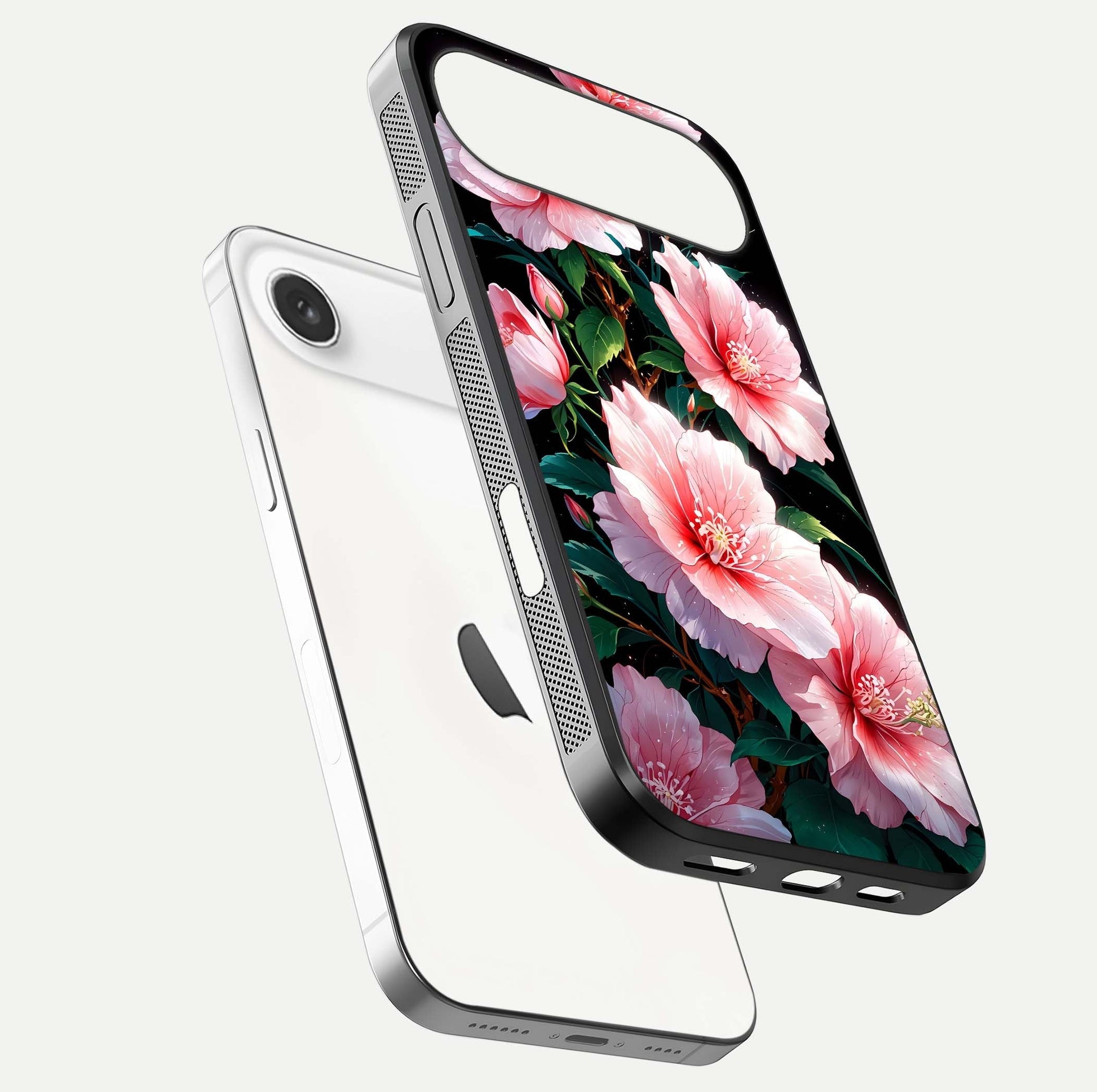 Peach Flower Glass Case for iPhone Air  floating dual-view mockup displaying shine and delicate flower art