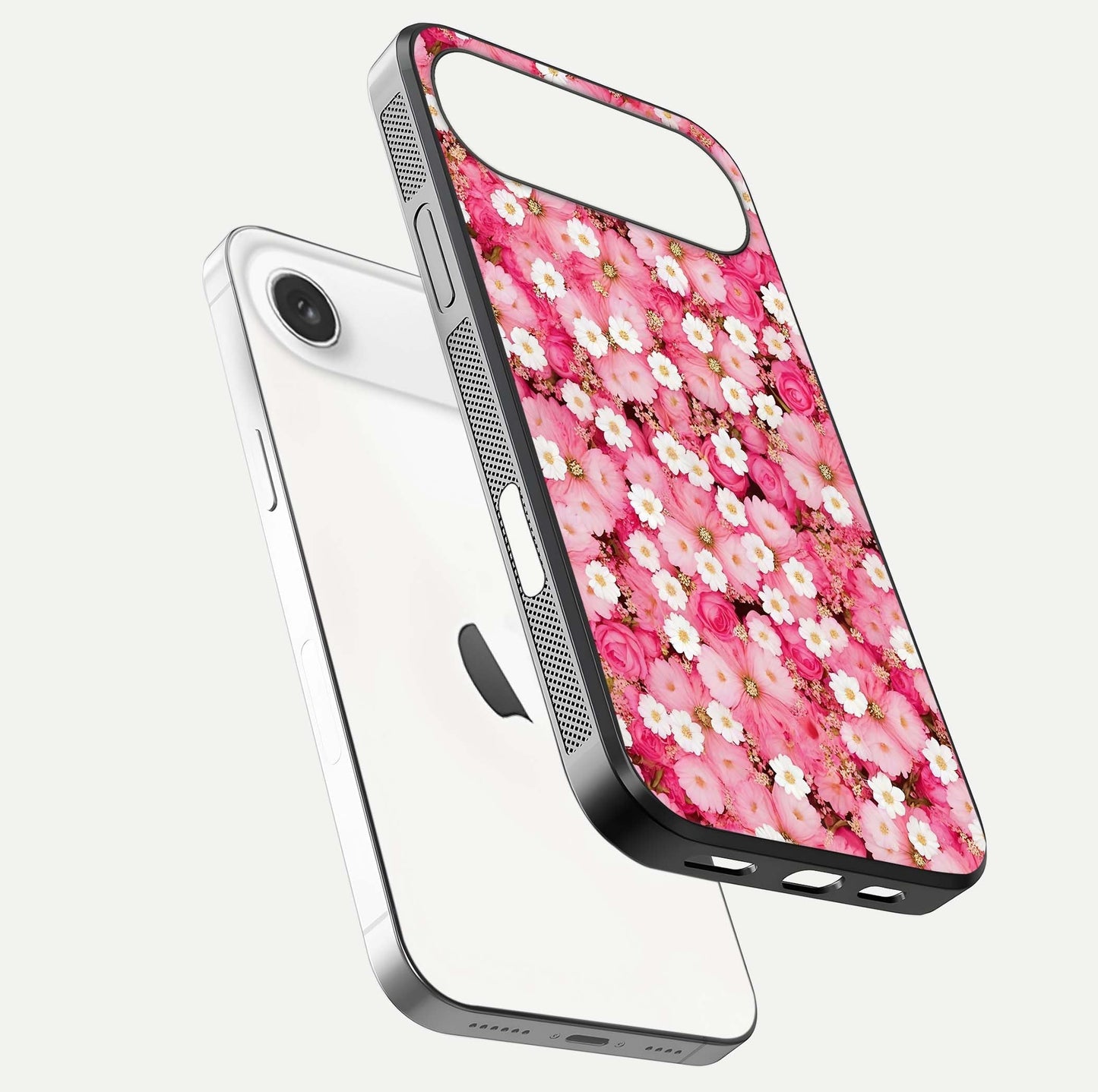 Pink Daisy Bliss Glass Case for iPhone Air  floating dual-view mockup displaying gloss shine and pastel tones