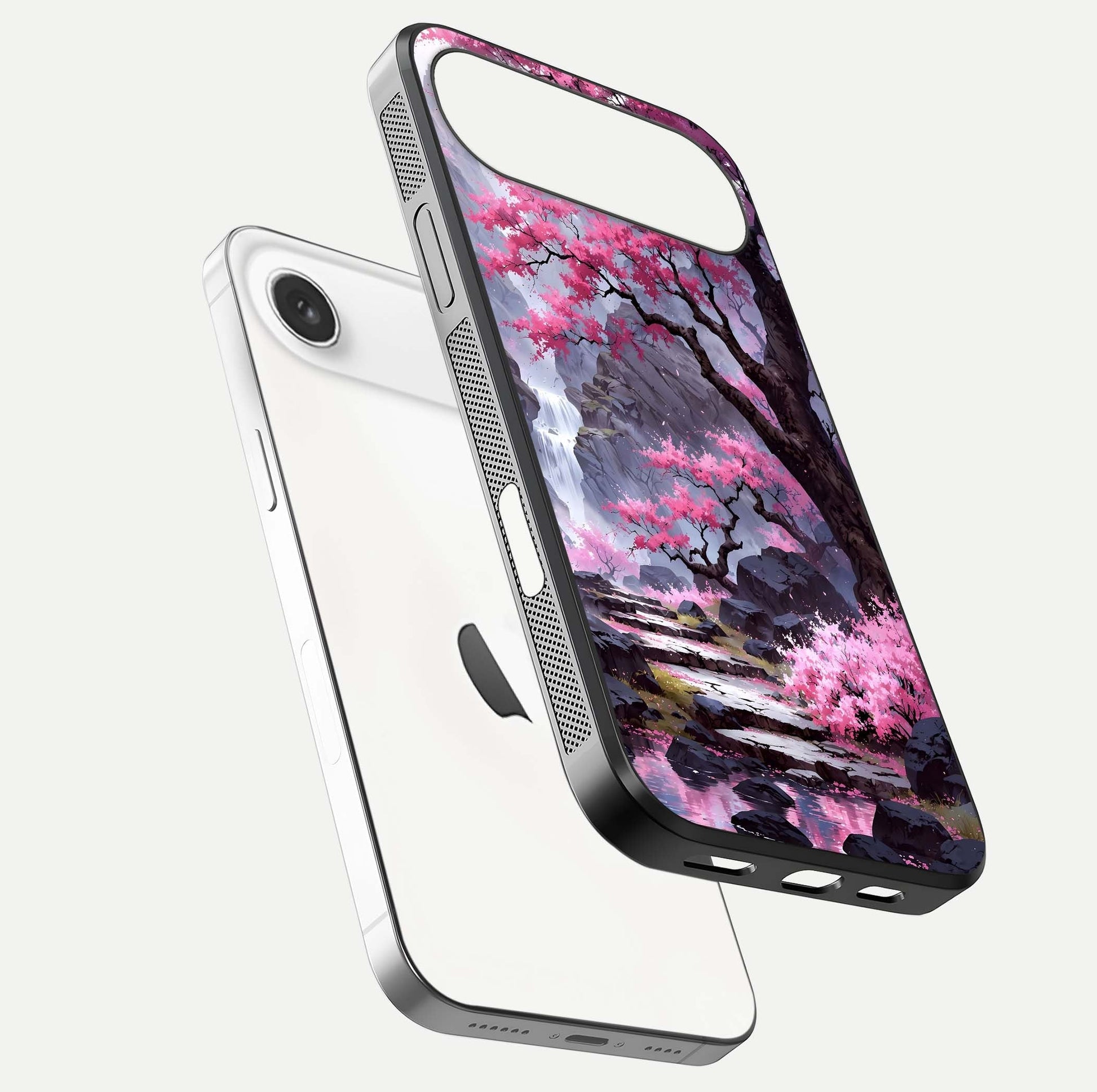 Pinkish Scenery Glass Case for iPhone Air  floating dual-view mockup displaying gloss shine and artistic tone