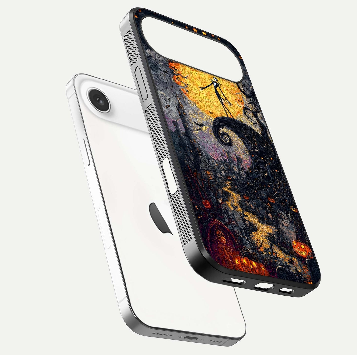 Pumpkin Moon Night Glass Case for iPhone Air  floating dual-view mockup showing HD gloss and spooky detail