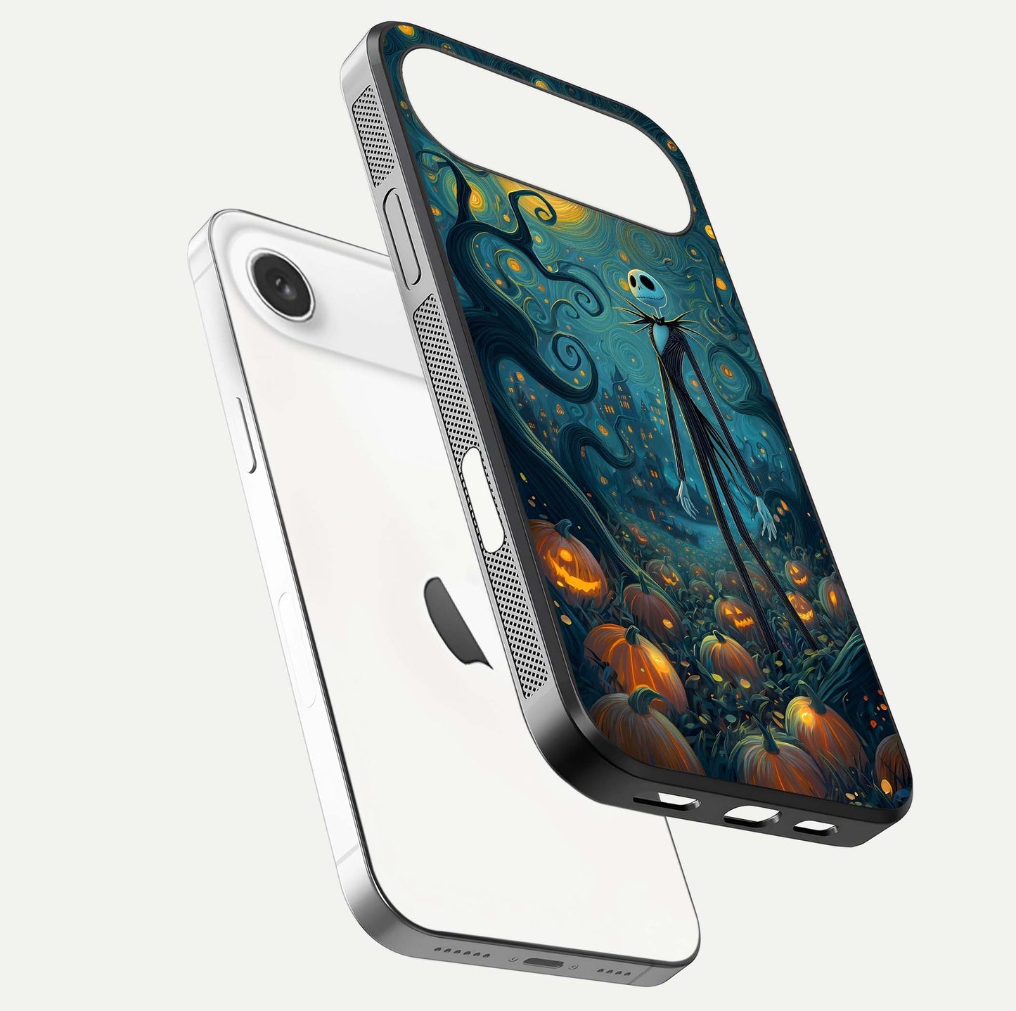 Pumpkin Moonlight Tale Glass Case for iPhone Air  floating dual-view mockup showing HD gloss and eerie design