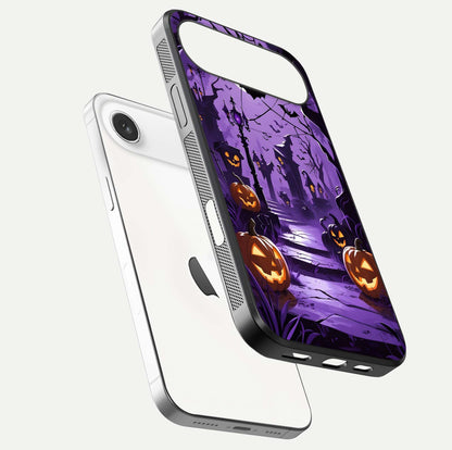 Pumpkin Patch Halloween Glass Case for iPhone Air  floating dual-view mockup displaying gloss and dark tone