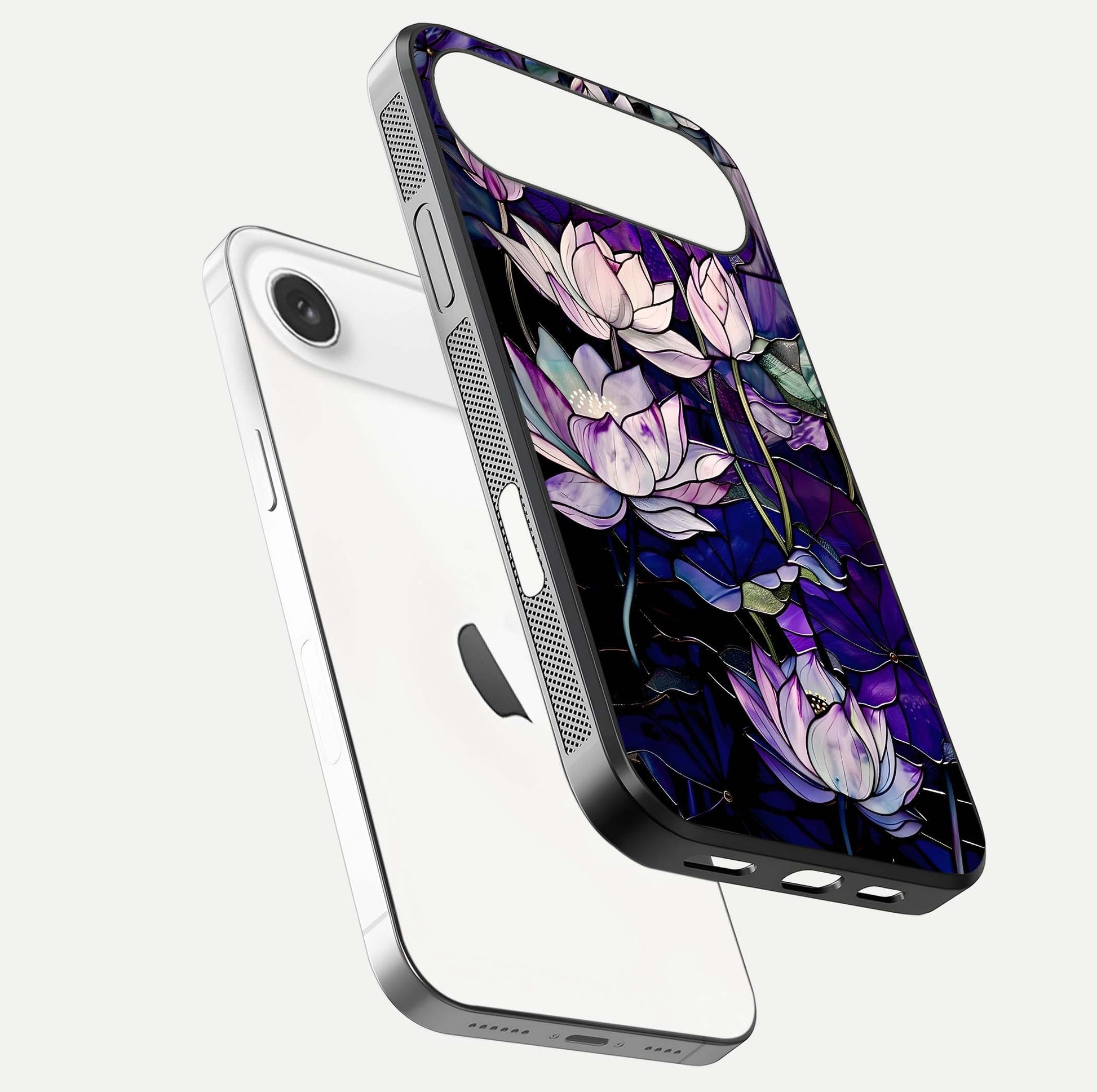 Purple Lotus Pattern Glass Case for iPhone Air  floating dual-view mockup showing glass shine and vivid purple hue