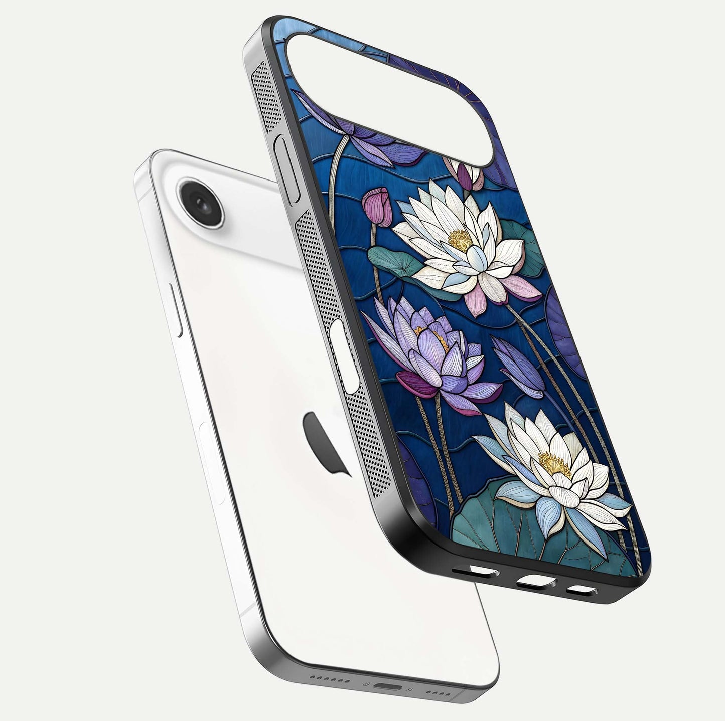 Purple Lotus Stained Glass Case for iPhone Air  floating dual-view mockup displaying color depth and glass clarity
