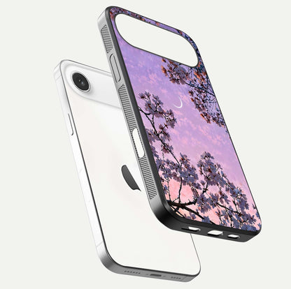 Purple Serenity Moon Glass Case for iPhone Air  floating dual-view mockup showing gloss and cosmic detail