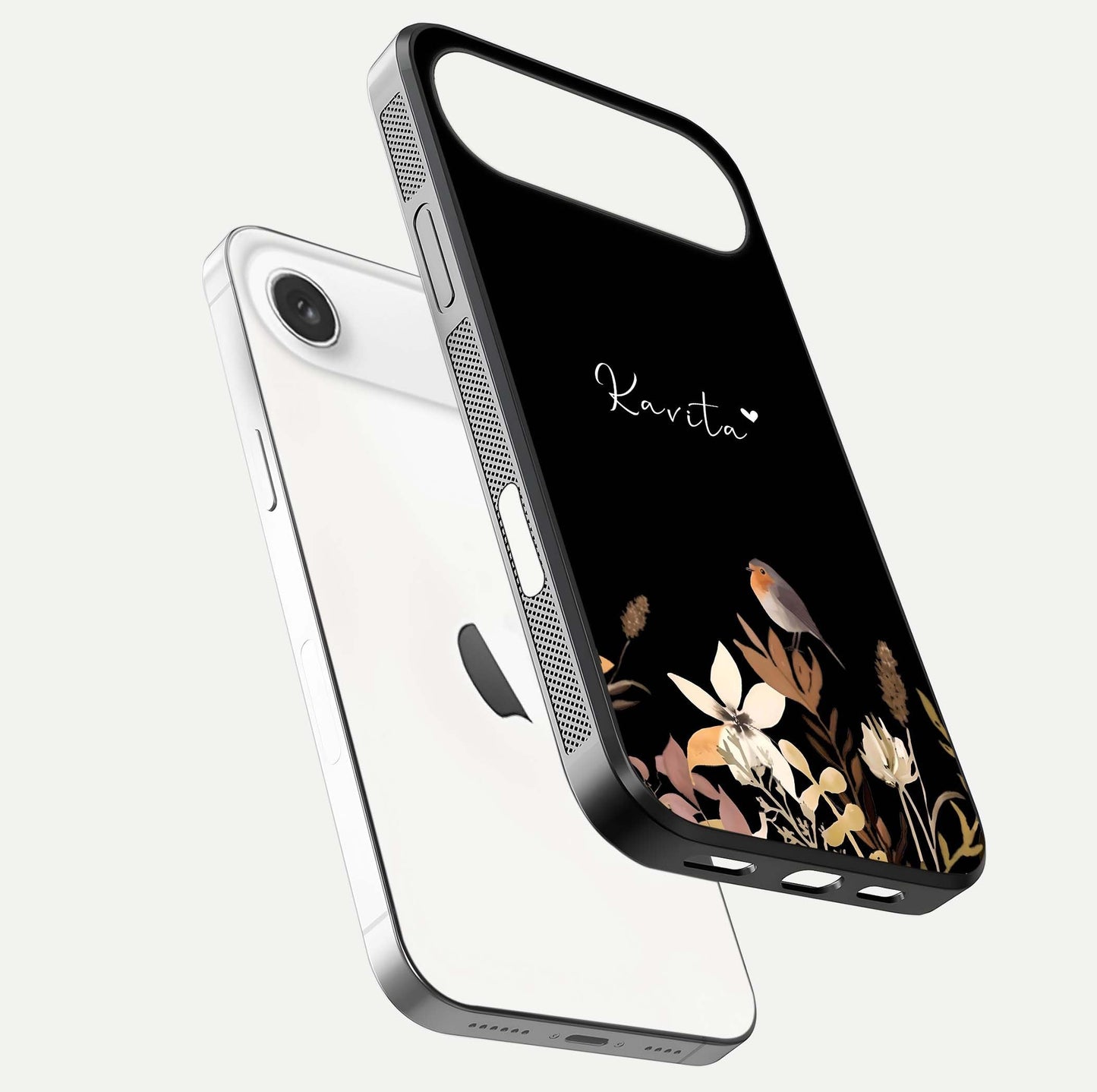 Quiet Garden Tune Custom Name Glass Case for iPhone Air  floating dual-view mockup showing gloss and elegant detail