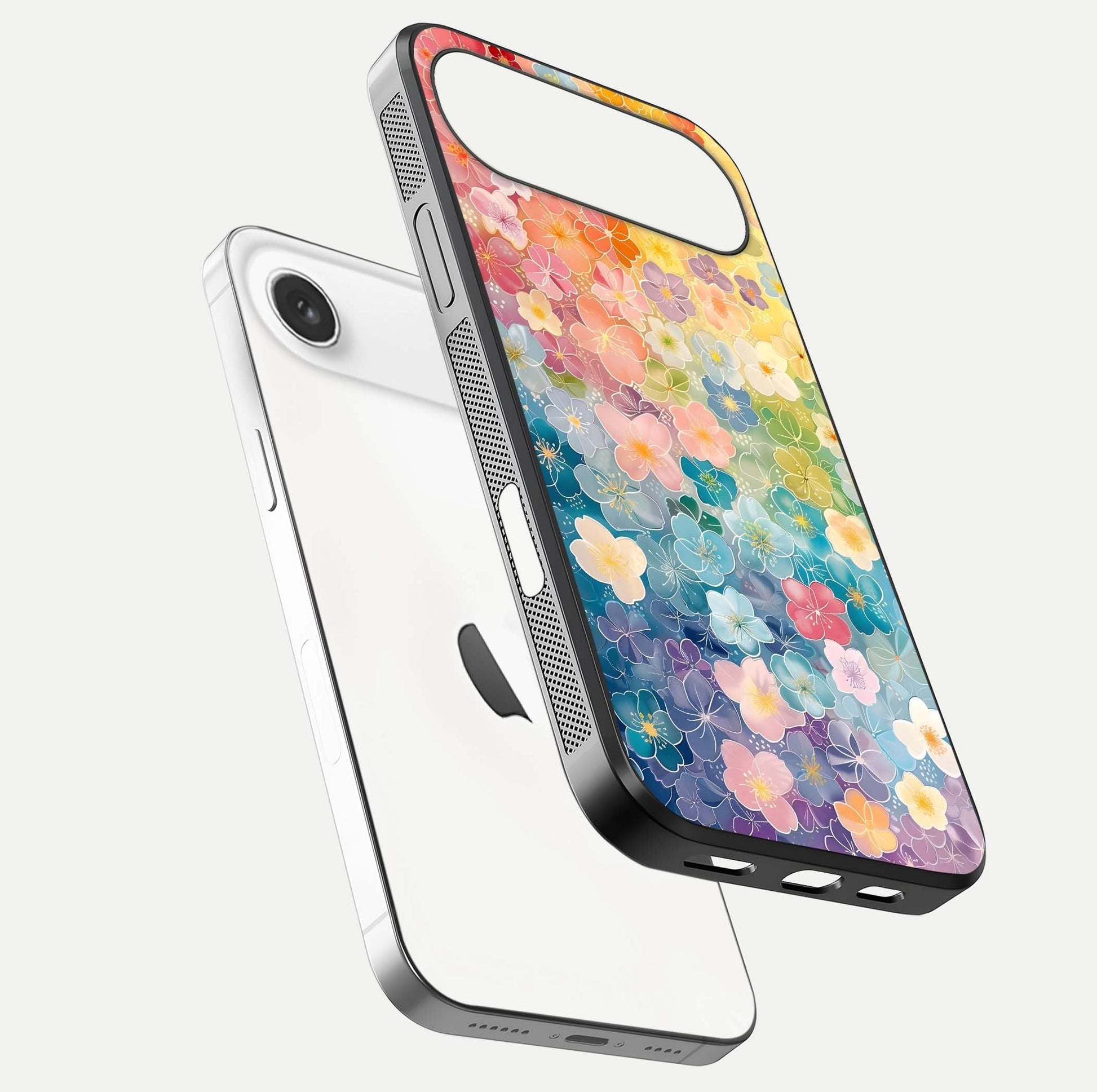 Rainbow Blossom Burst Glass Case for iPhone Air  floating dual-view mockup displaying gloss and gradient pattern