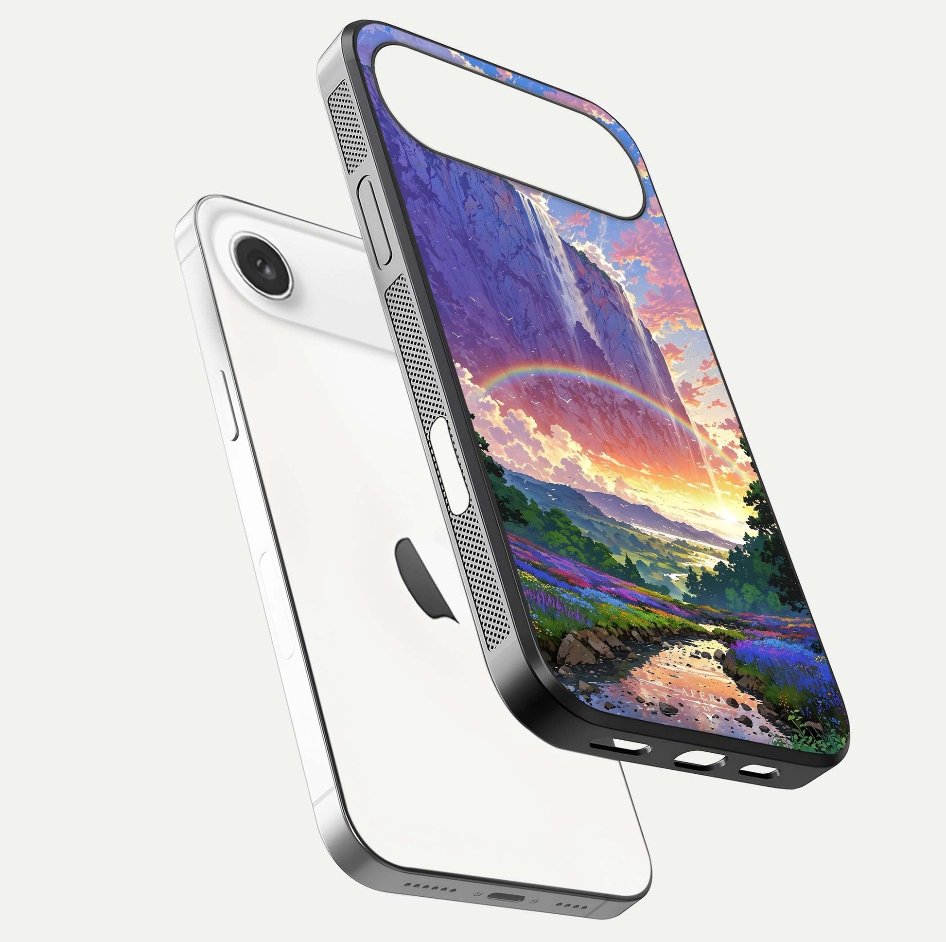 Rainbow Valley Dream Glass Case for iPhone Air  floating dual-view mockup showing gloss texture and dream vibe