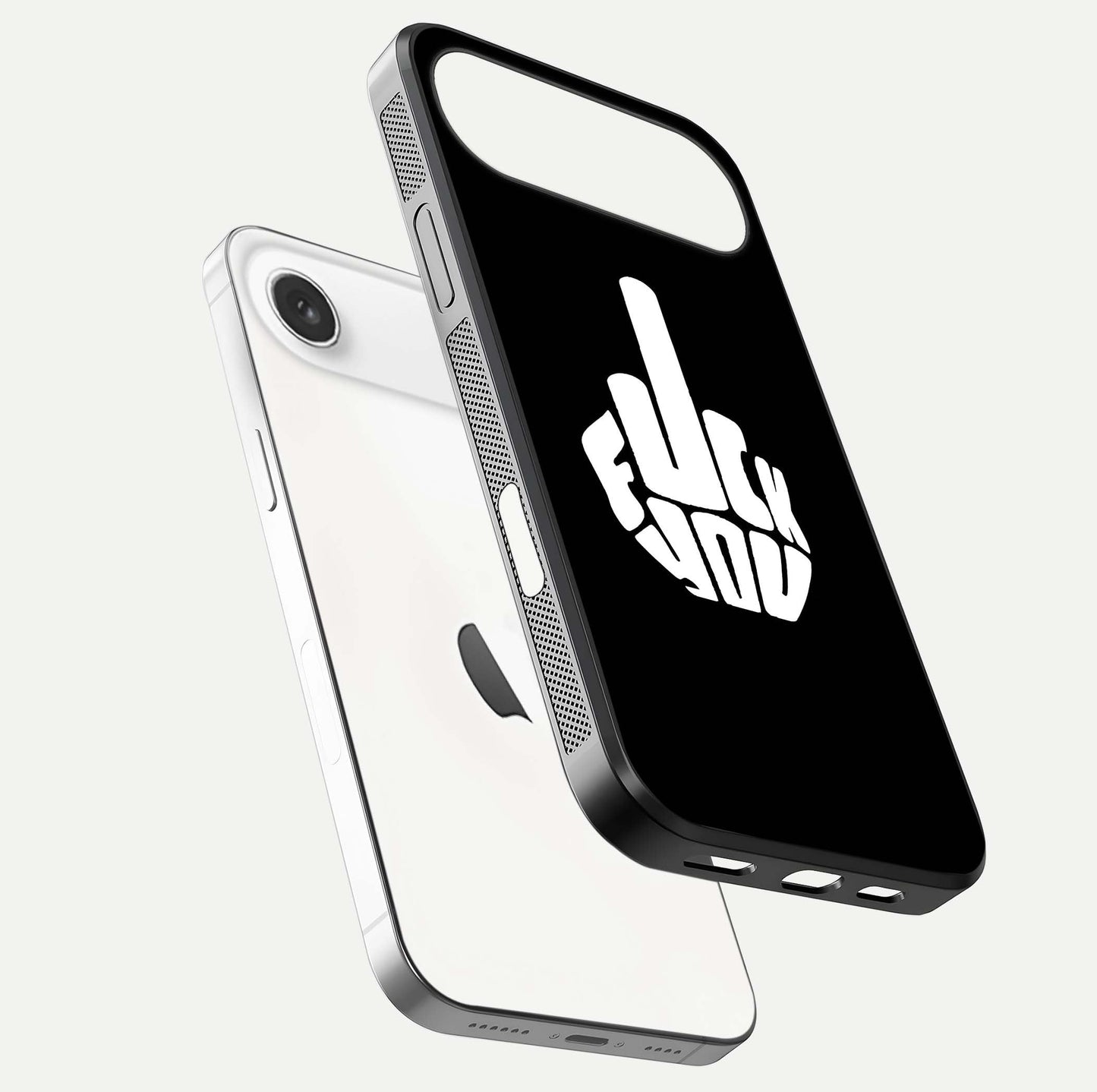 Rebel Mode On Glass Case for iPhone Air  floating dual-view mockup displaying gloss shine and statement art