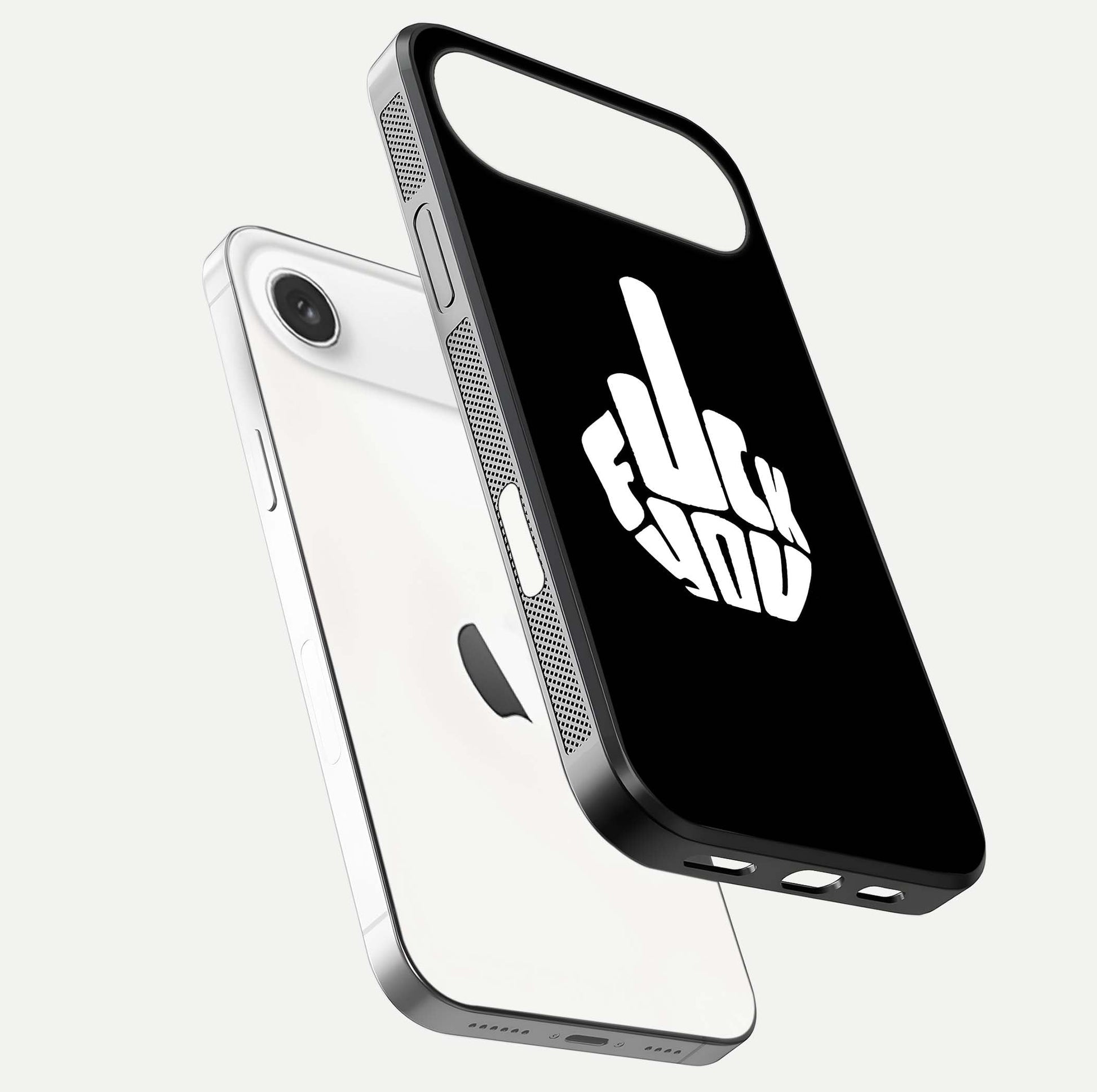Rebel Mode On Glass Case for iPhone Air  floating dual-view mockup displaying gloss shine and statement art