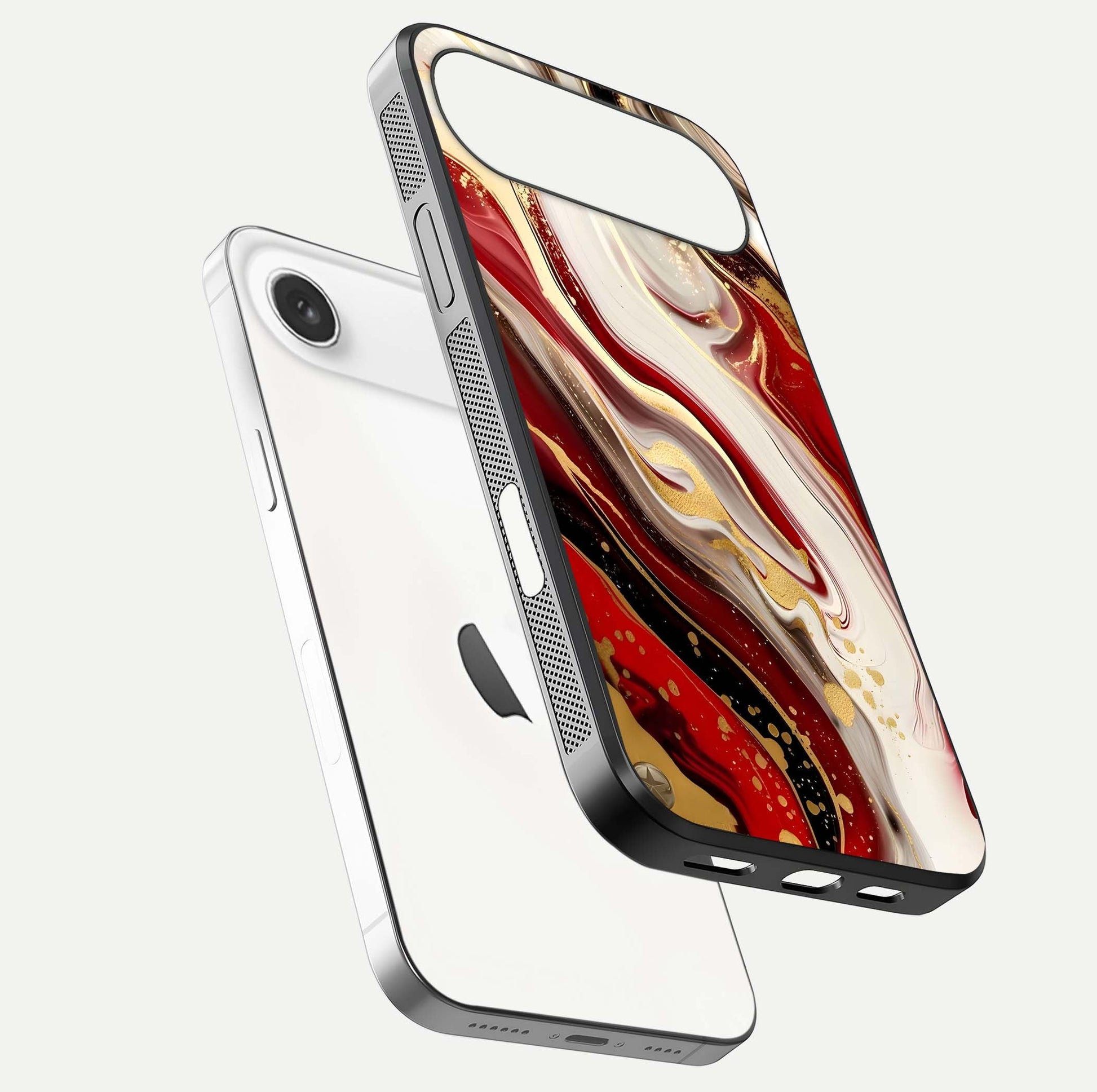 Red & White Marble Glass Case for iPhone Air  floating dual-view mockup displaying glossy texture and pattern depth