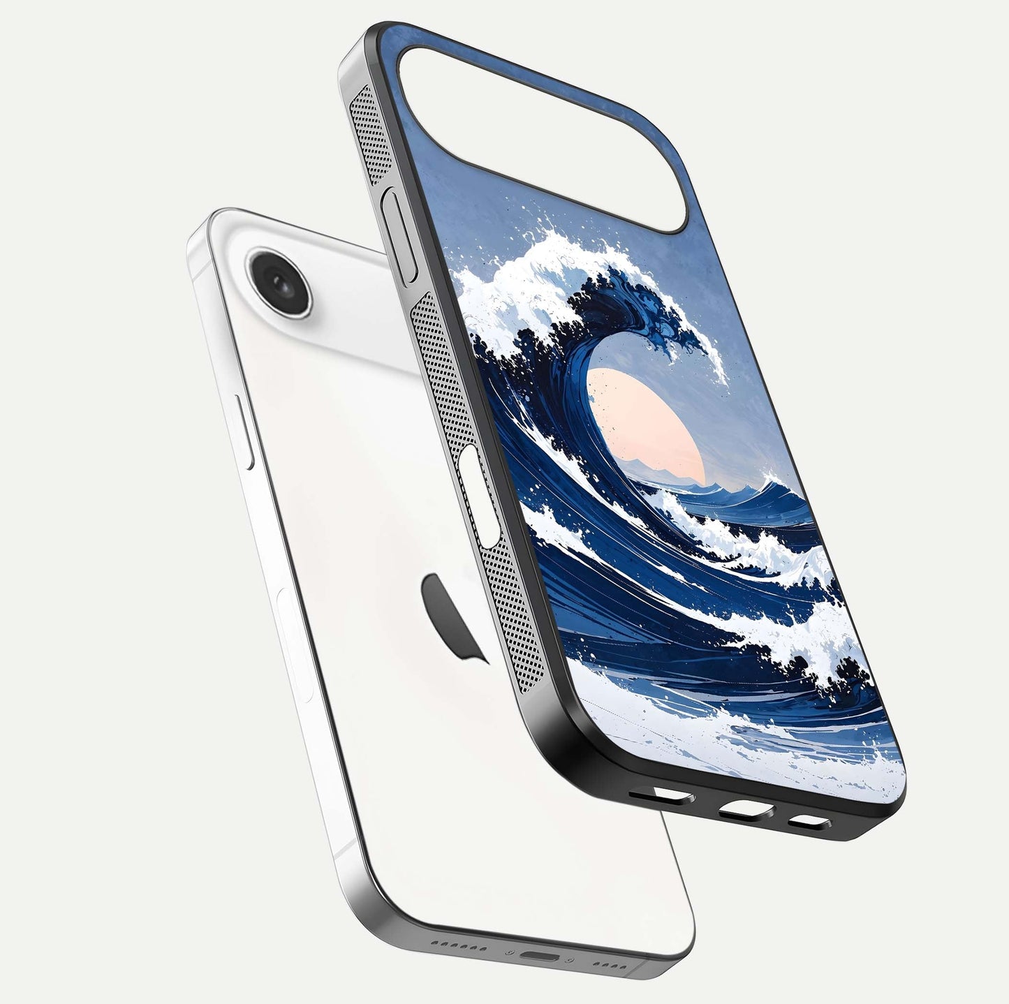 Rising Tide Power Glass Case for iPhone Air  floating dual-view mockup displaying gloss texture and flow pattern