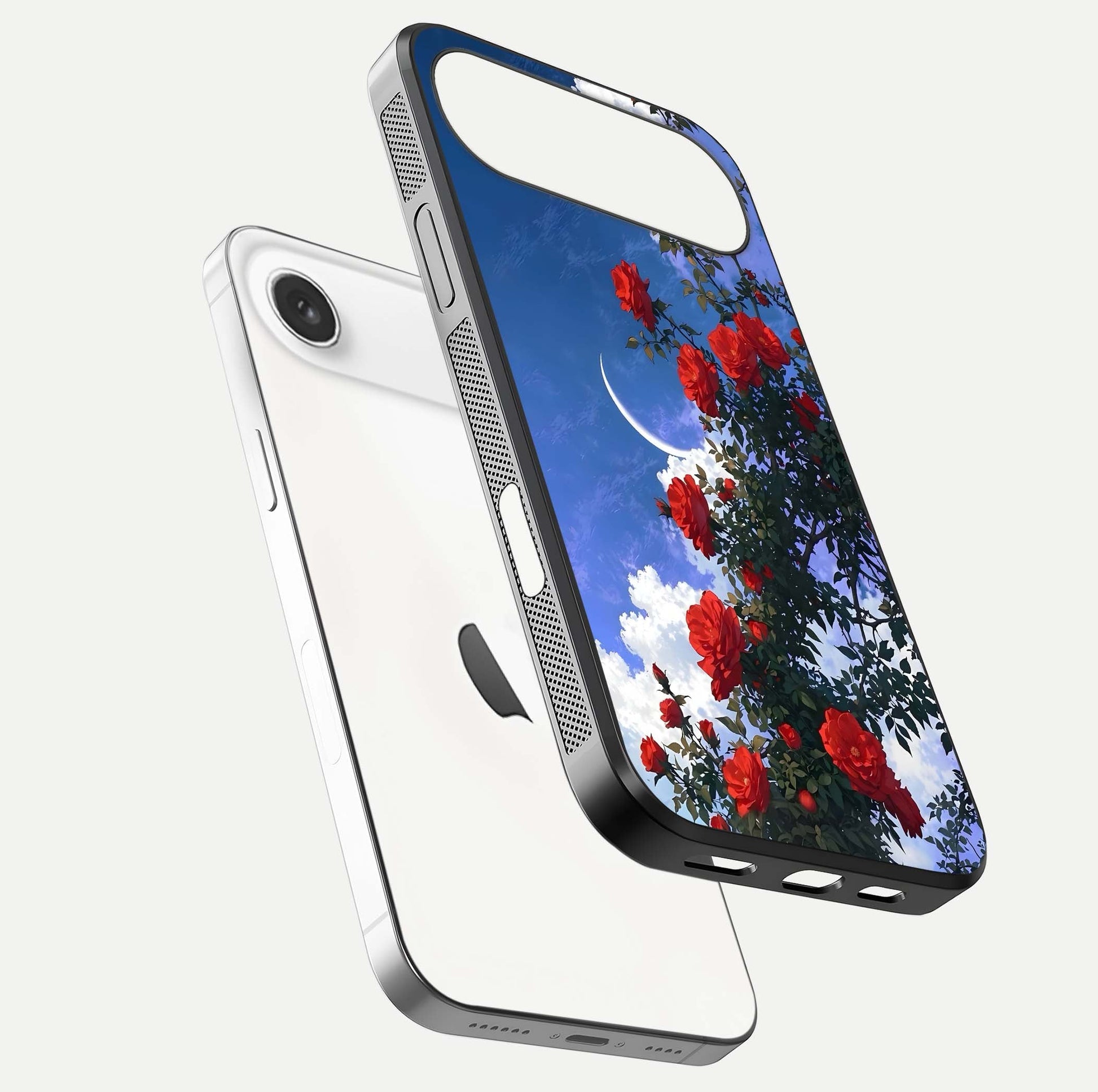 Rose Drift Flowers Glass Case for iPhone Air  floating dual-view mockup showing gloss shine and floral tone