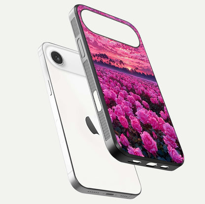 Rose Sunset Valley Glass Case for iPhone Air  floating dual-view mockup showing gloss reflection and art depth
