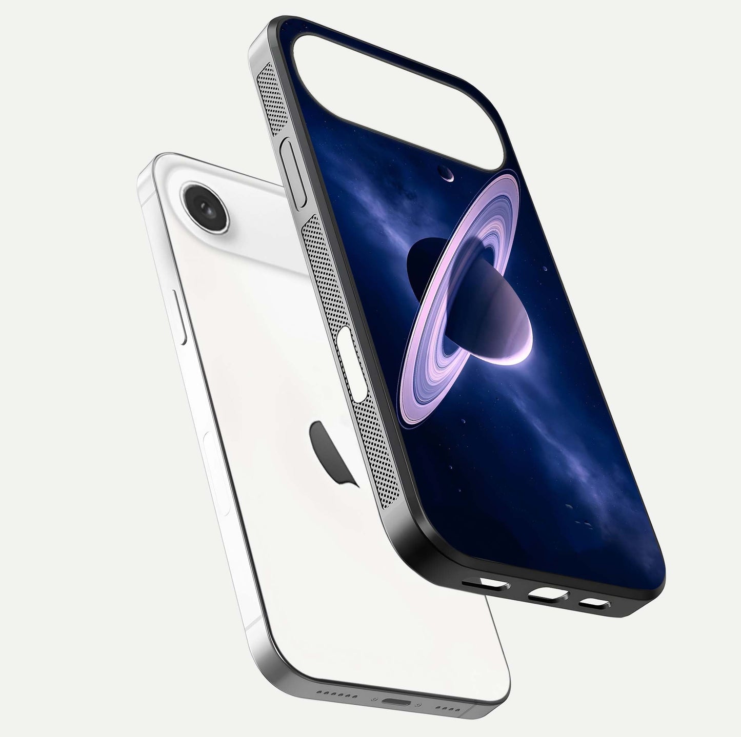Saturn Ring Mystique Glass Case for iPhone Air  floating dual-view mockup showing gloss finish and star detail