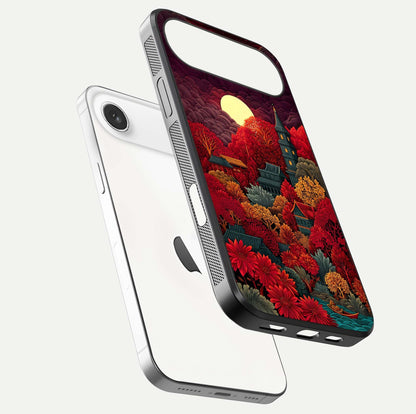 Scarlet Autumn Temple Glass Case for iPhone Air  floating dual-view mockup displaying gloss shine and autumn tones