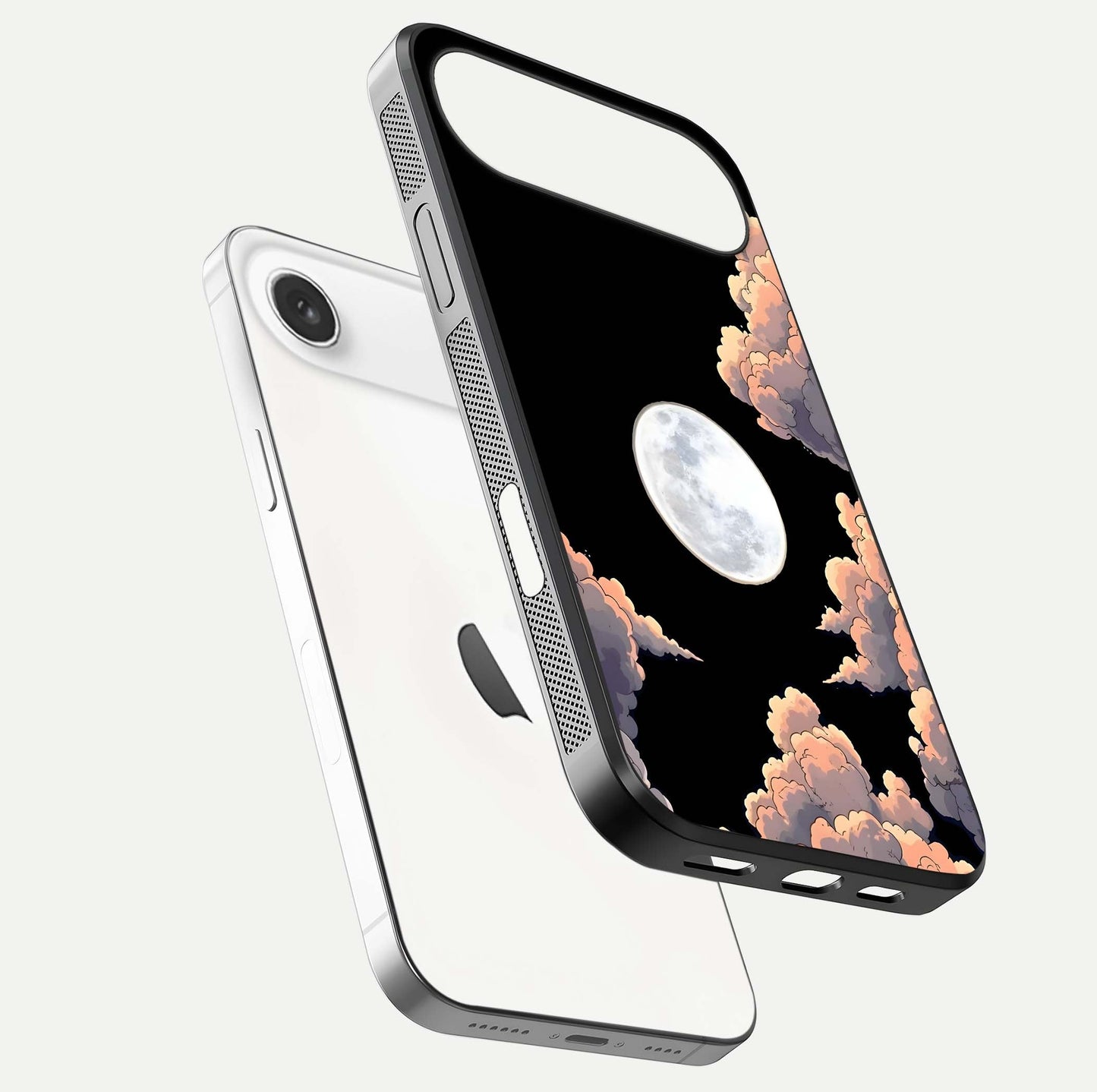 Shade Cloud Moon Glass Case for iPhone Air  floating dual-view mockup showing gloss and celestial texture