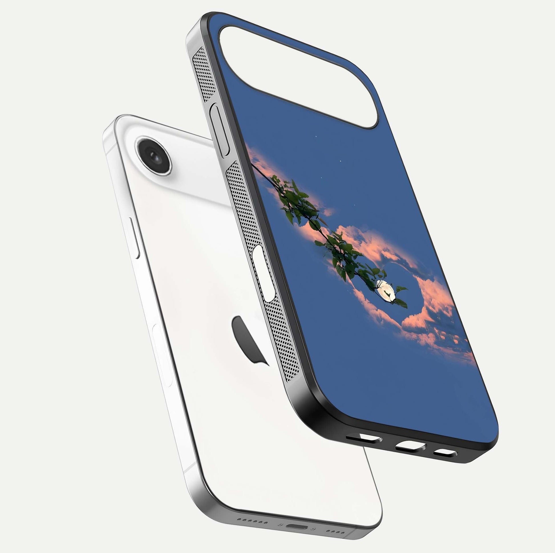 Sky Under Tree Glass Case for iPhone Air  floating dual-view mockup displaying gloss reflection and landscape tone