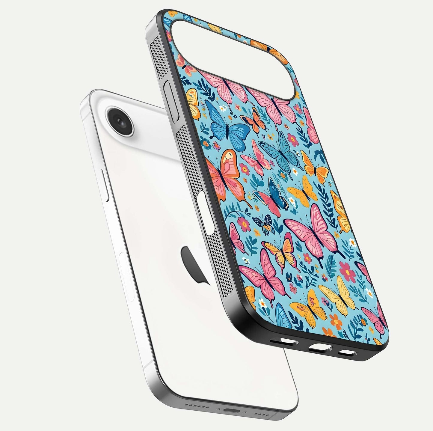Spring Wing Garden Glass Case for iPhone Air  floating dual-view mockup showing gloss texture and vivid print