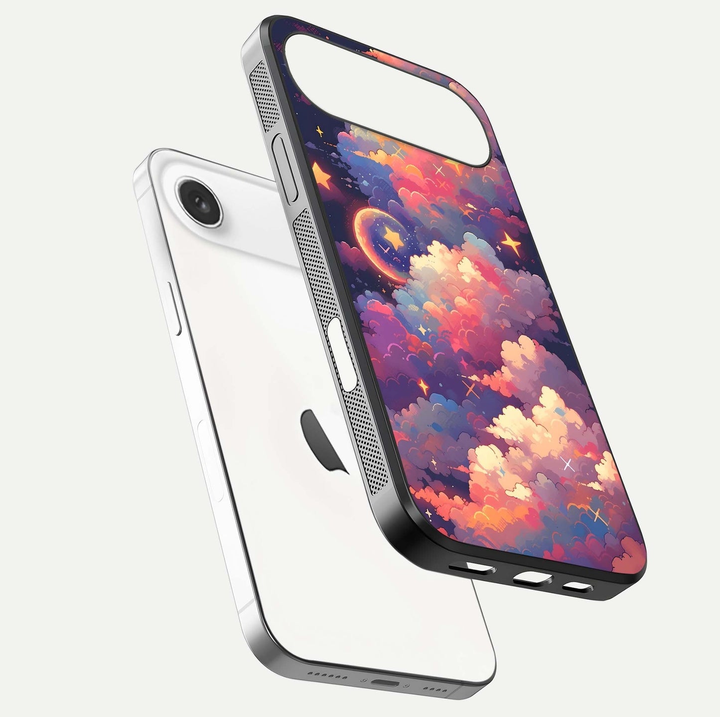 Starlit Dream Clouds Glass Case for iPhone Air  floating dual-view mockup displaying gloss and soft light detail