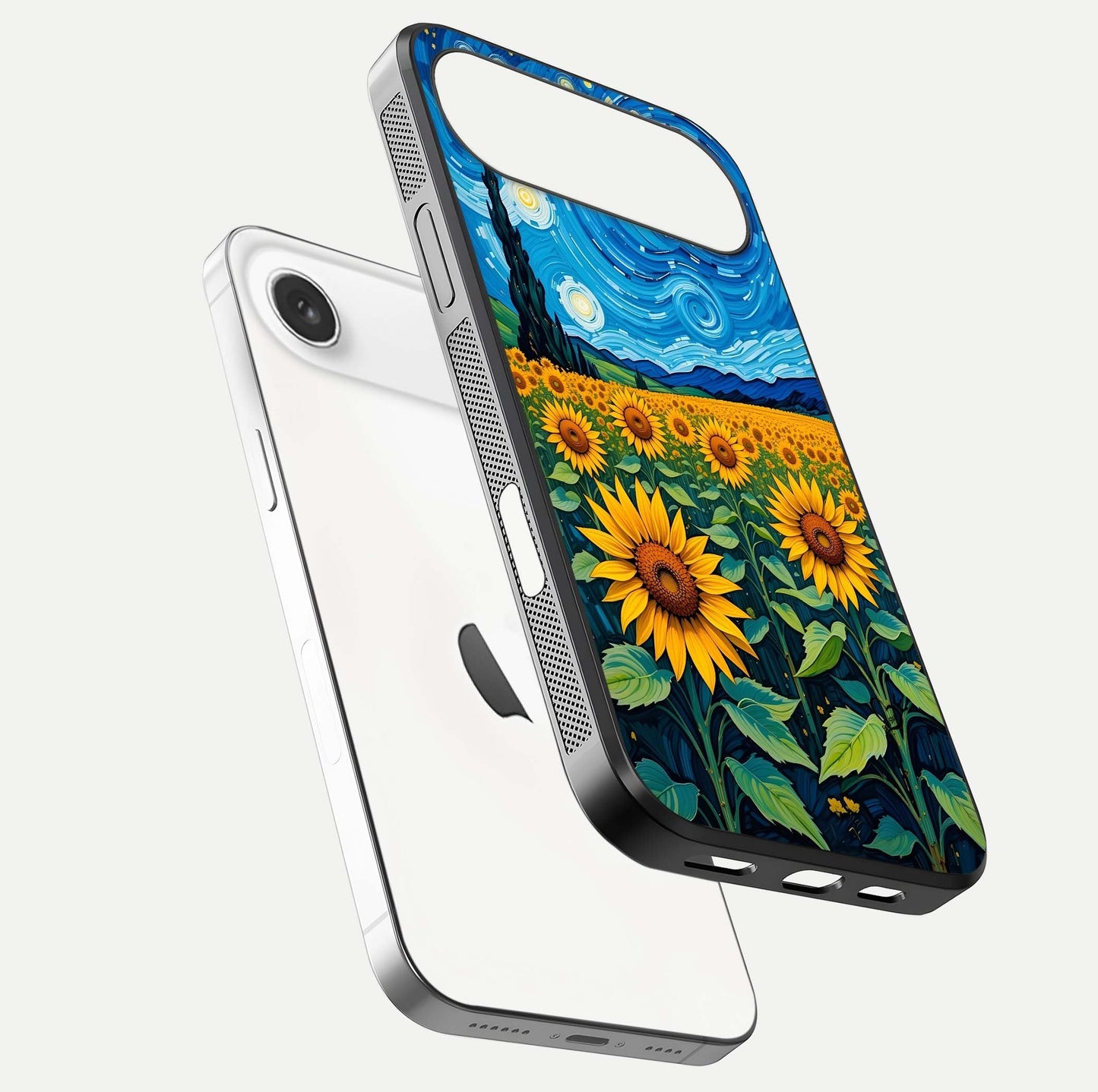 Starry Sunflower Dreams Glass Case for iPhone Air  floating dual-view mockup displaying gloss and vivid print