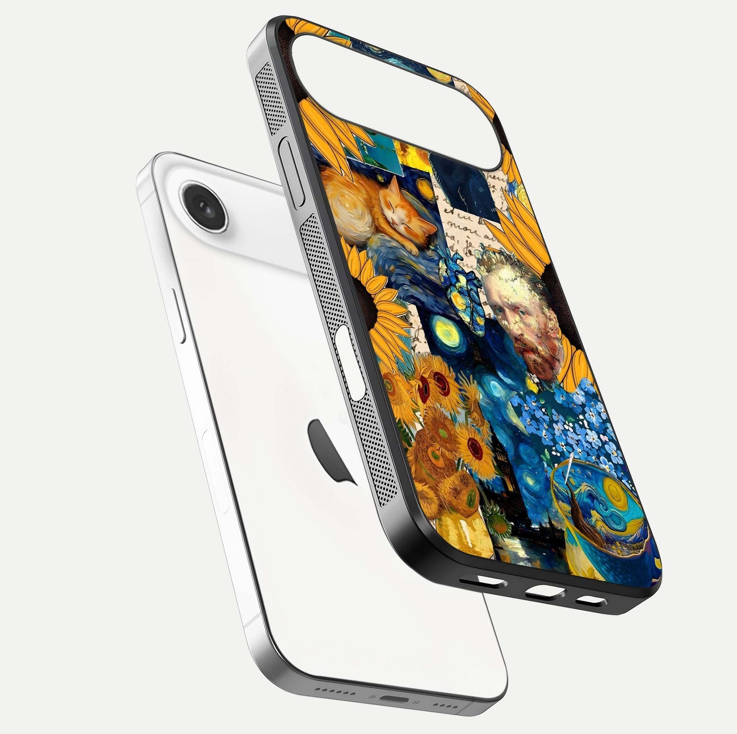Sunflower Cat Art Glass Case for iPhone Air  floating dual-view mockup displaying gloss shine and HD art print
