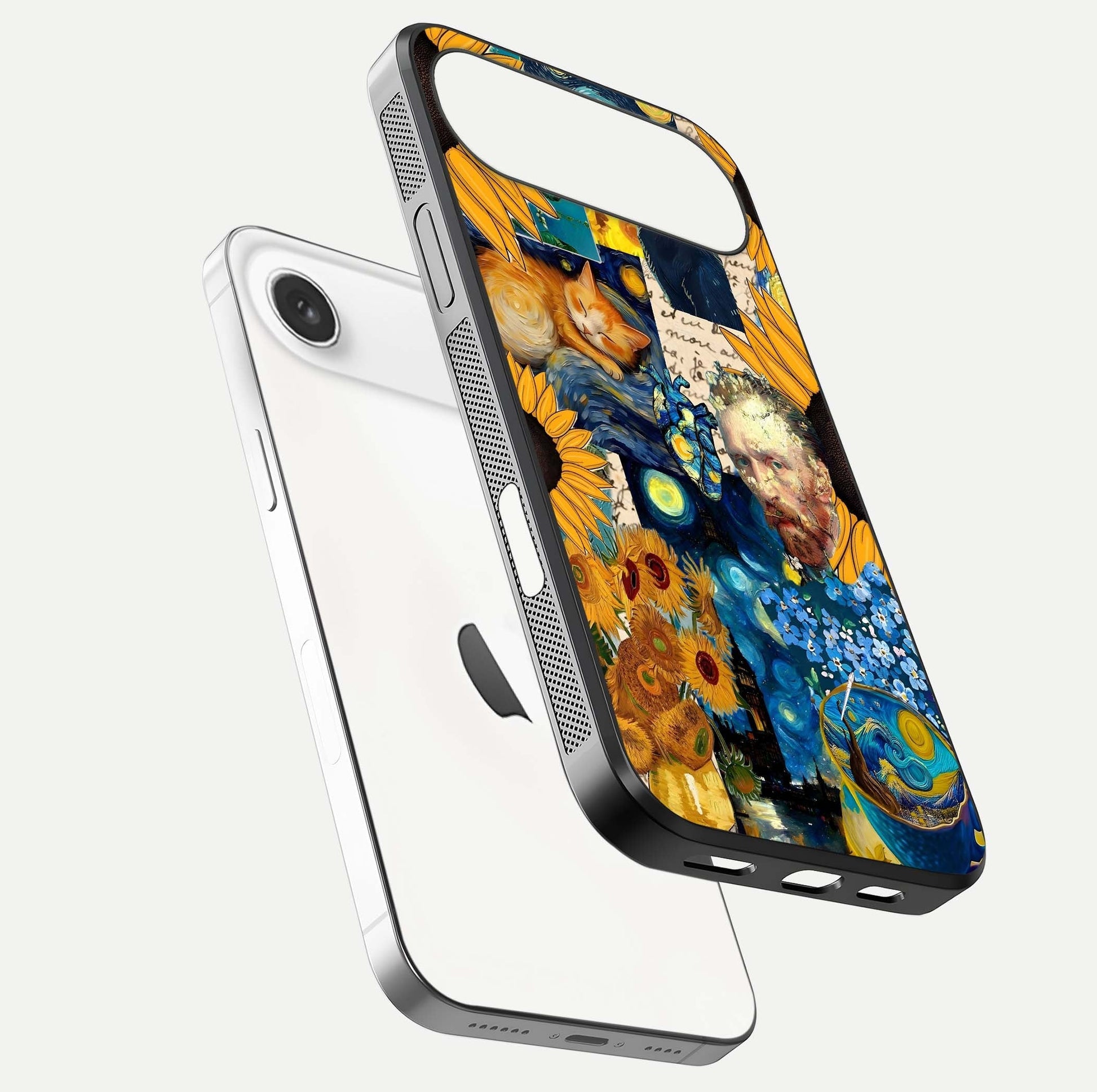 Sunflower Cat Art Glass Case for iPhone Air  floating dual-view mockup displaying gloss shine and HD art print