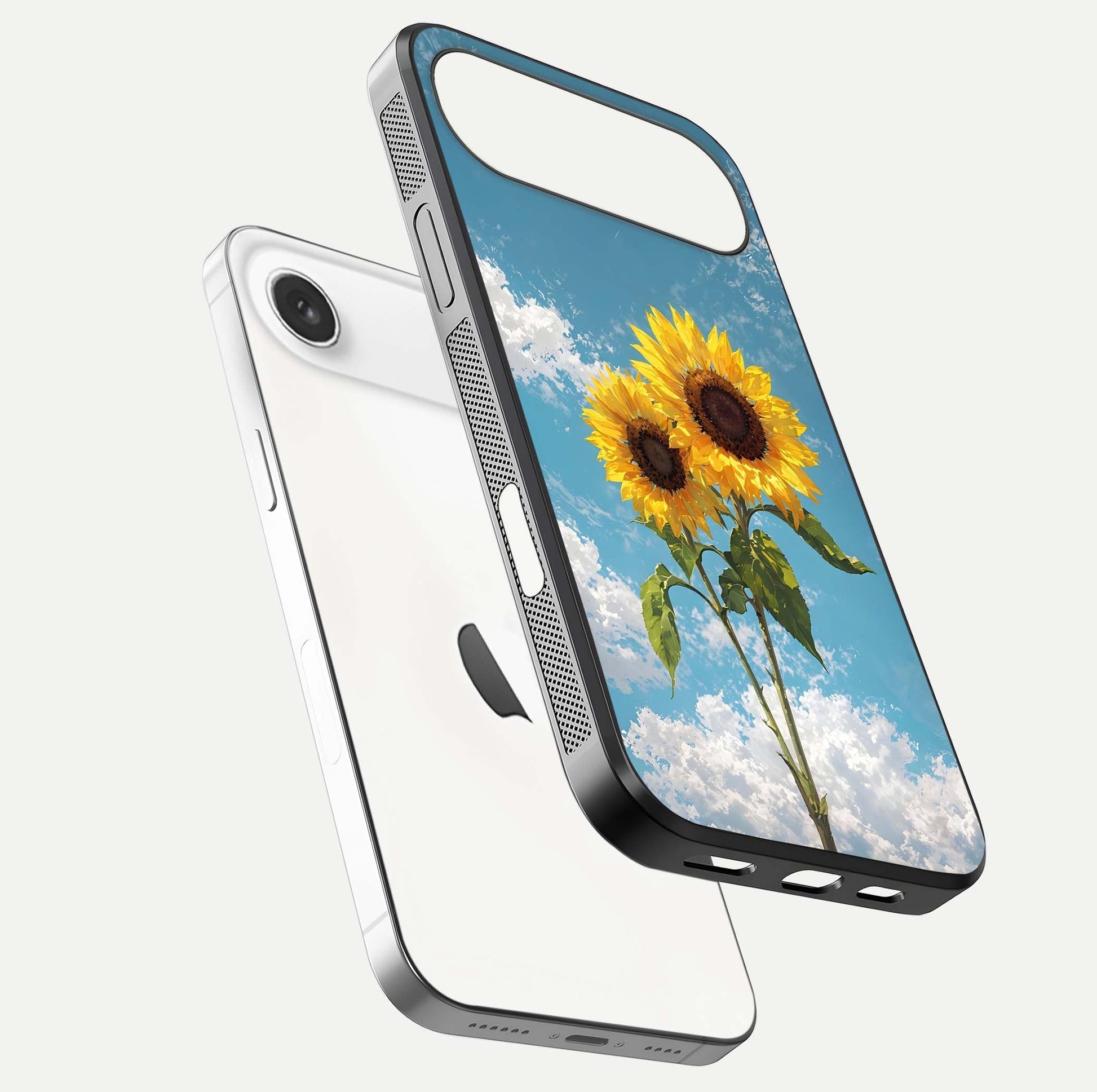 Sunflower Sky Bloom Glass Case for iPhone Air  floating dual-view mockup displaying gloss shine and vibrant texture