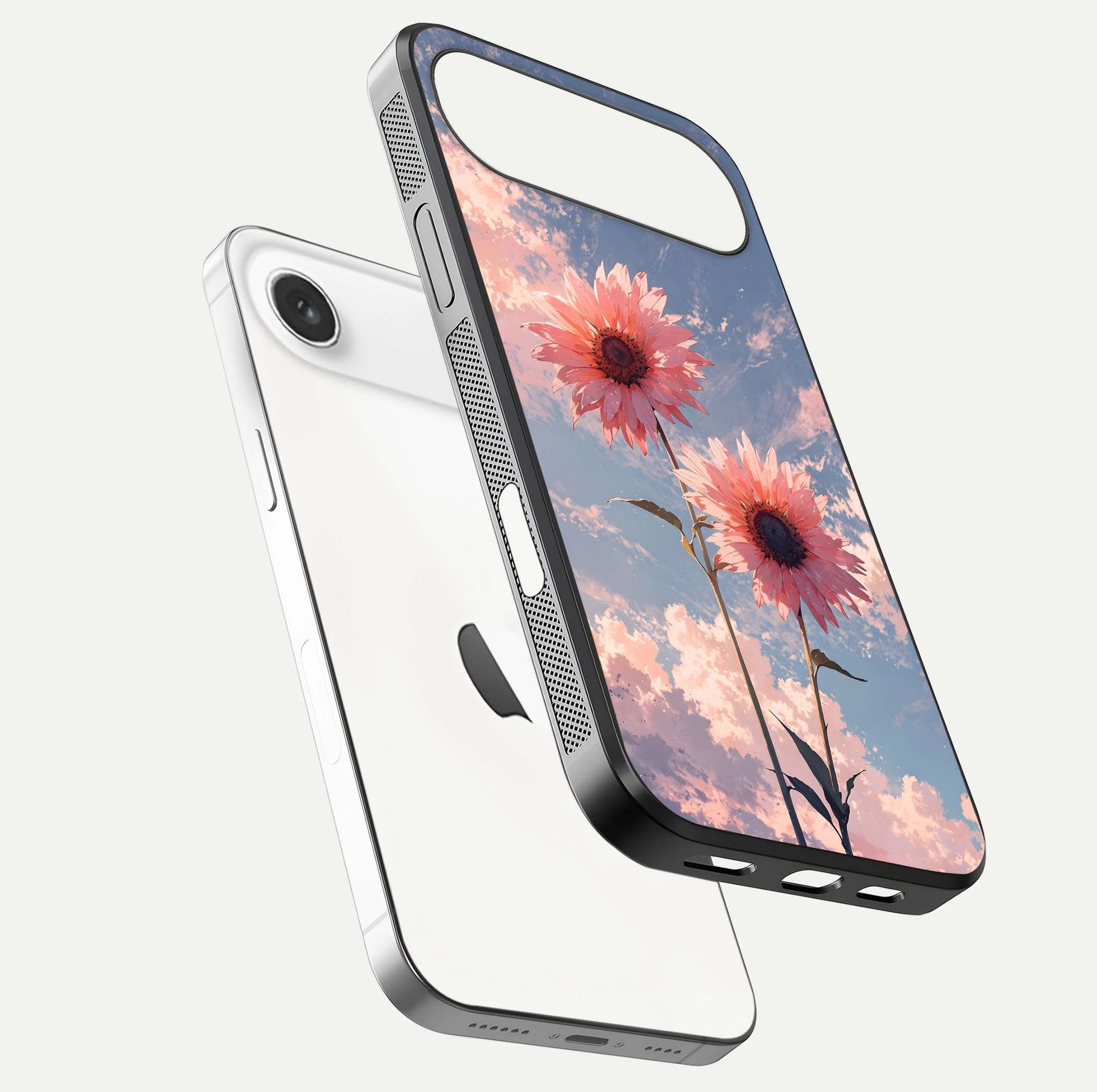 Sunlit Daisy Glow Glass Case for iPhone Air  floating dual-view mockup displaying gloss finish and HD print