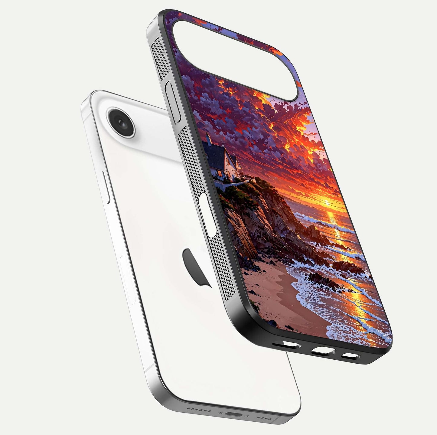 Sunset House by Sea Glass Case for iPhone Air  floating dual-view mockup displaying gloss shine and depth